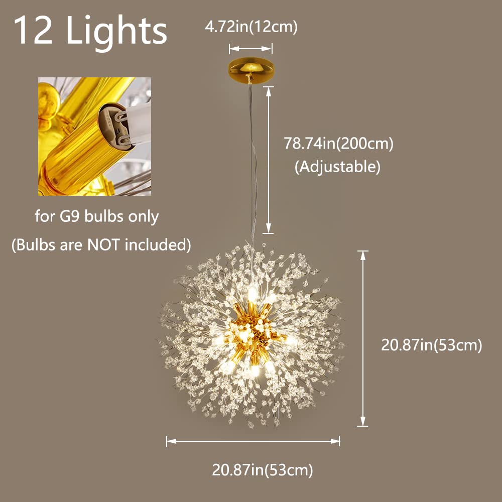 12-Light Modern Gold Crystal Chandelier - Dandelion Firework Design Ceiling Light Fixture for Bedroom, Dining Room & Living Room | Elegant Home Decor Lighting for Weddings, Parties & Luxury Interiors