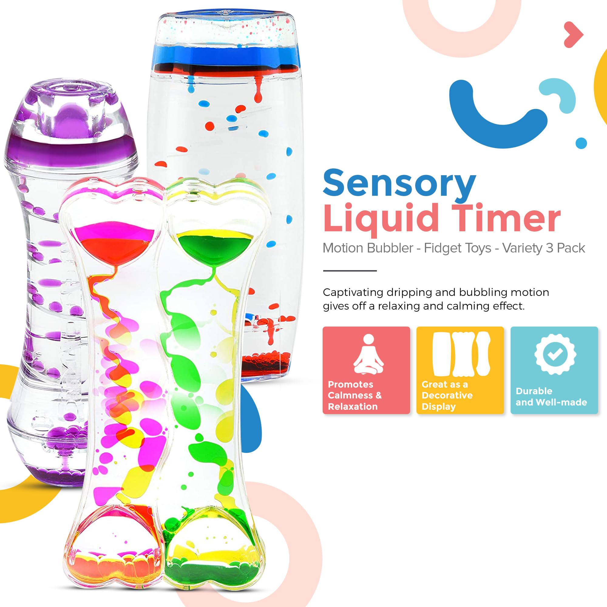 Playlearn Sensory Liquid Timer - Motion Bubbler Fidget Toy Set (3-Pack) for Stress Relief, Autism & ADHD Focus - Perfect for Classroom, Office & Home Relaxation
