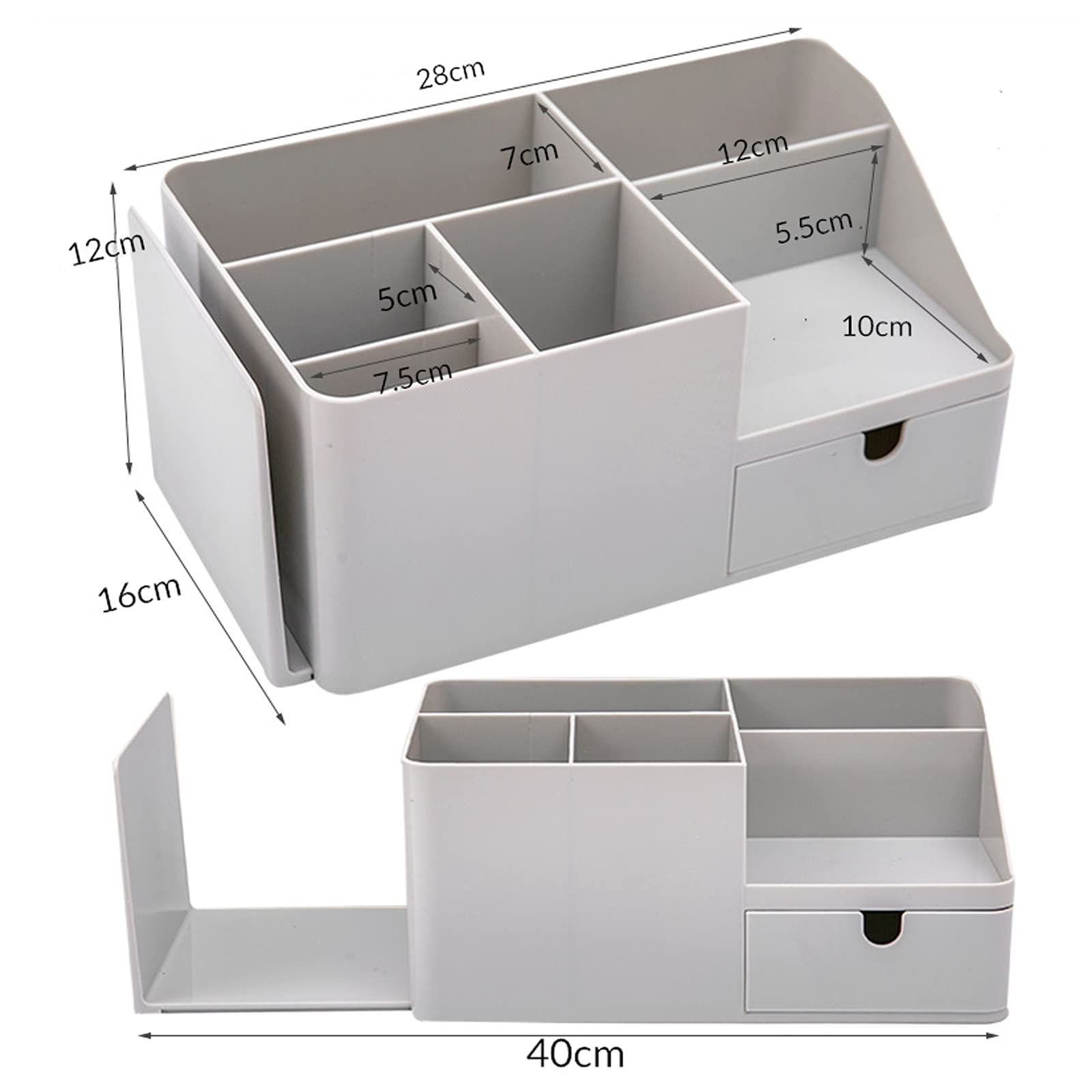 Large Capacity Desk Organizer with Drawer - Bookends, Stationery Supplies & Bookshelf Accessories - Plastic Pen Holder & Makeup Storage Caddy (Grey) - Perfect for Office, Study & Home Organization