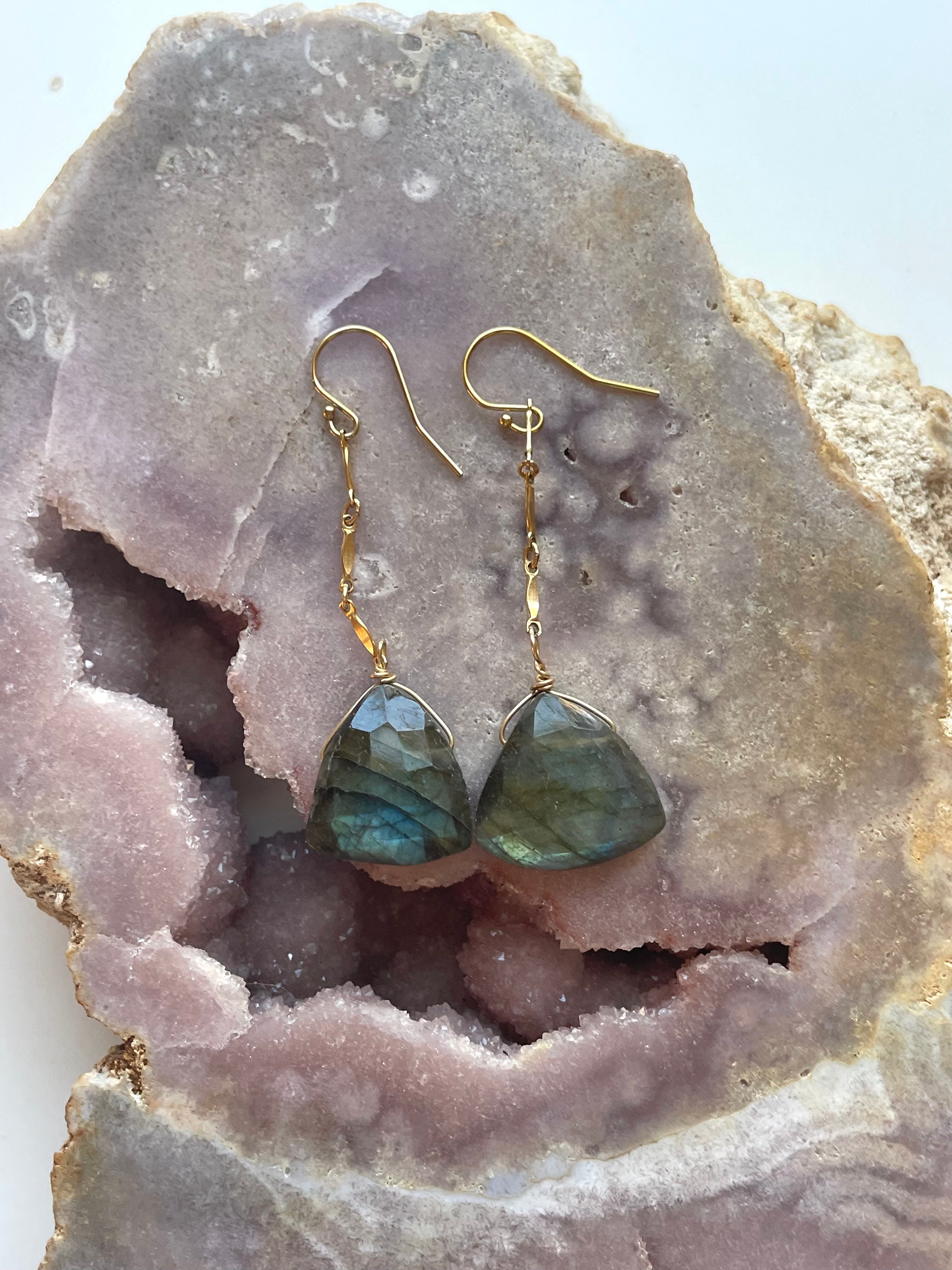 Gold Labradorite Dangle Drop Crystal Earrings for Women - Elegant Gemstone Jewelry for Party, Wedding & Everyday Wear