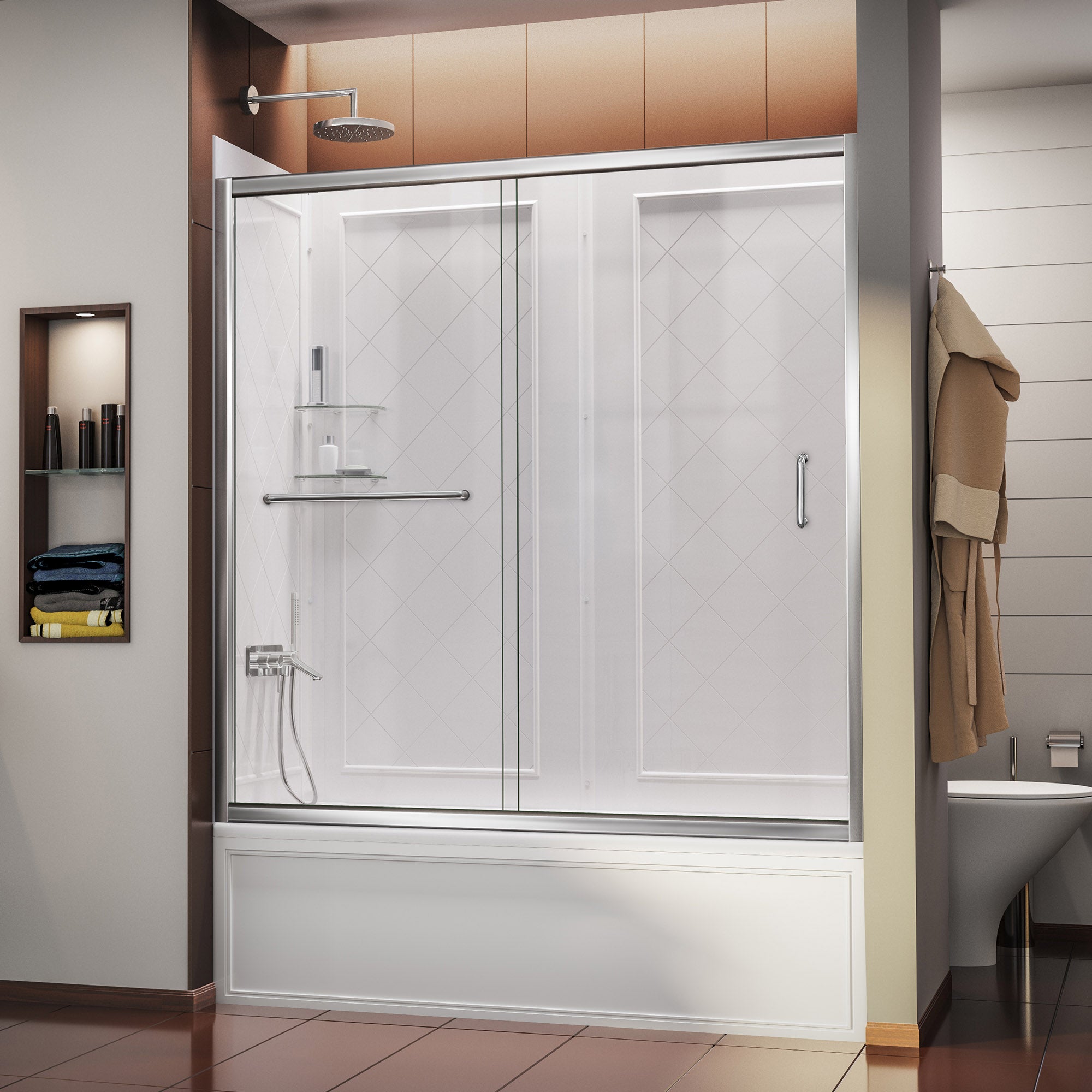 DreamLine Infinity Z 56-60 Inch Semi-Frameless Sliding Shower Door with Clear Glass & QWALL Acrylic Backwall Kit - Perfect for Modern Bathroom Renovations and Space-Saving Designs