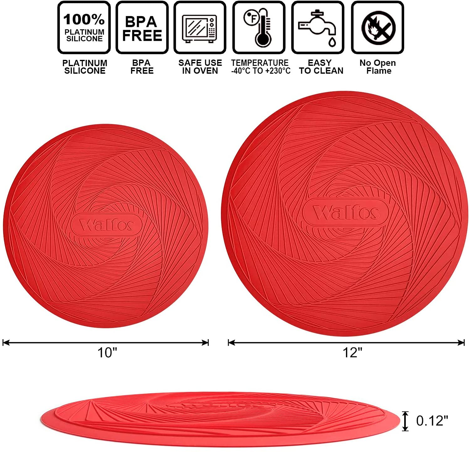 Walfos 12-Pack 10 Inch Silicone Microwave Mats - Non-Slip Heat Resistant Splatter Cover & Trivet for Kitchen - Perfect for Microwave, Oven, Hot Pans & Pots (Red) - Keep Countertops Clean While Cooking & Serving Hot Dishes