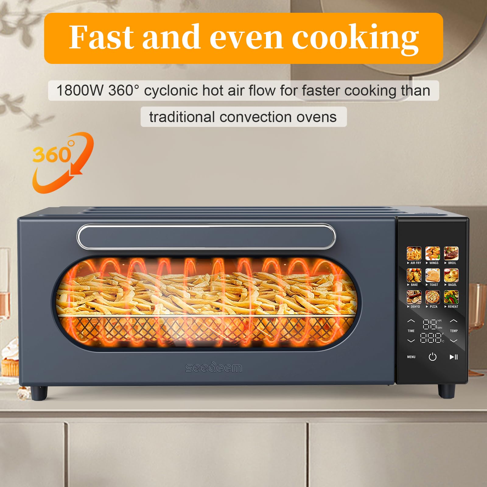 SEEDEEM 10-in-1 Air Fryer Toaster Oven with Convection - 15L Capacity, LCD Touch Screen Display, 1800W Countertop Oven for Baking, Roasting, Dehydrating - Includes 4 Accessories (Ash Gray) - Perfect for Small Kitchens, Dorms & RV Cooking