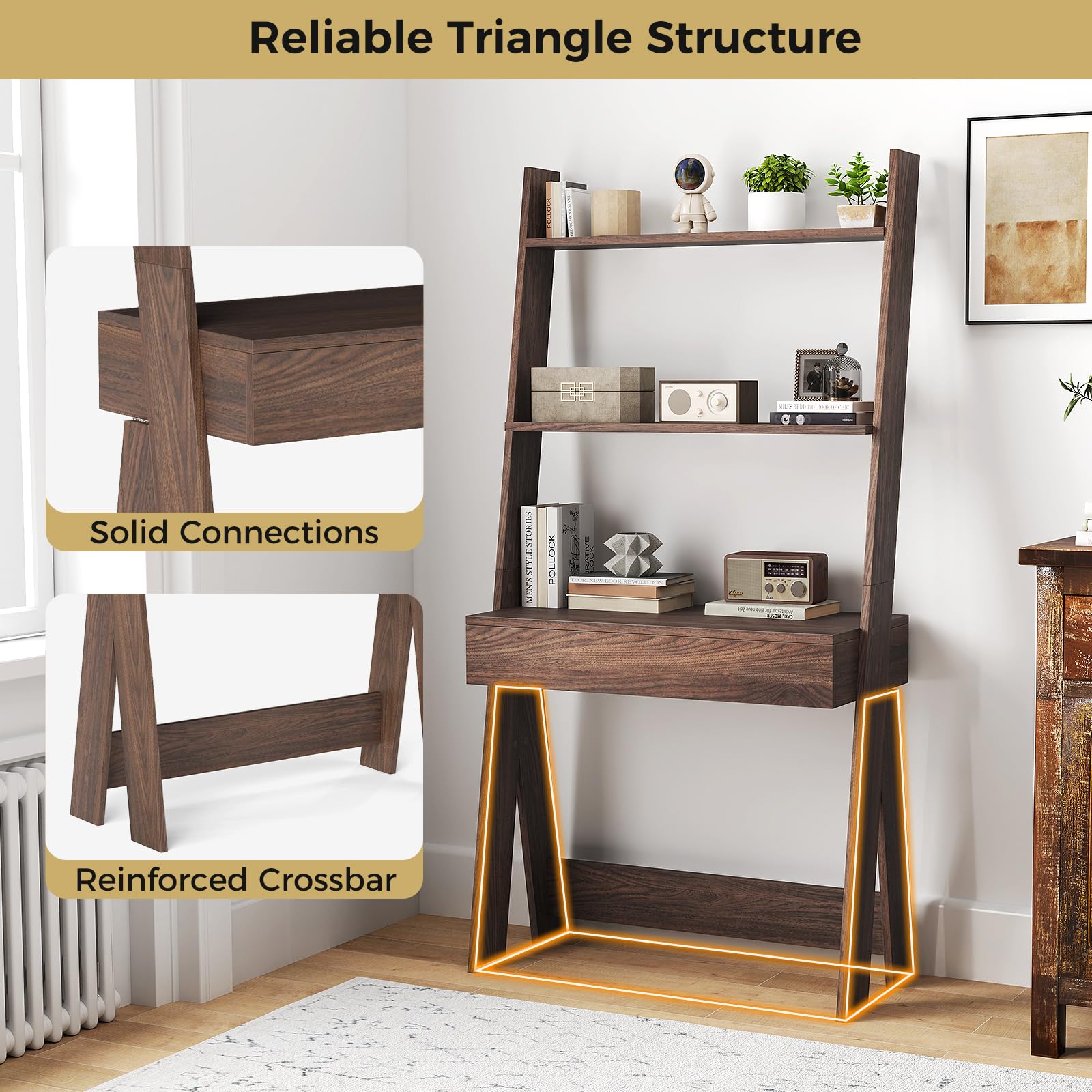 Tangkula Wall-Leaning Ladder Desk with Countertop & Drawer - Compact Home Office Computer Table with Open Shelves & Anti-Tip Kits - Space Saving Workstation for Small Rooms, Apartments & Dorm Rooms - Perfect for Remote Work, Study & Writing (Walnut)