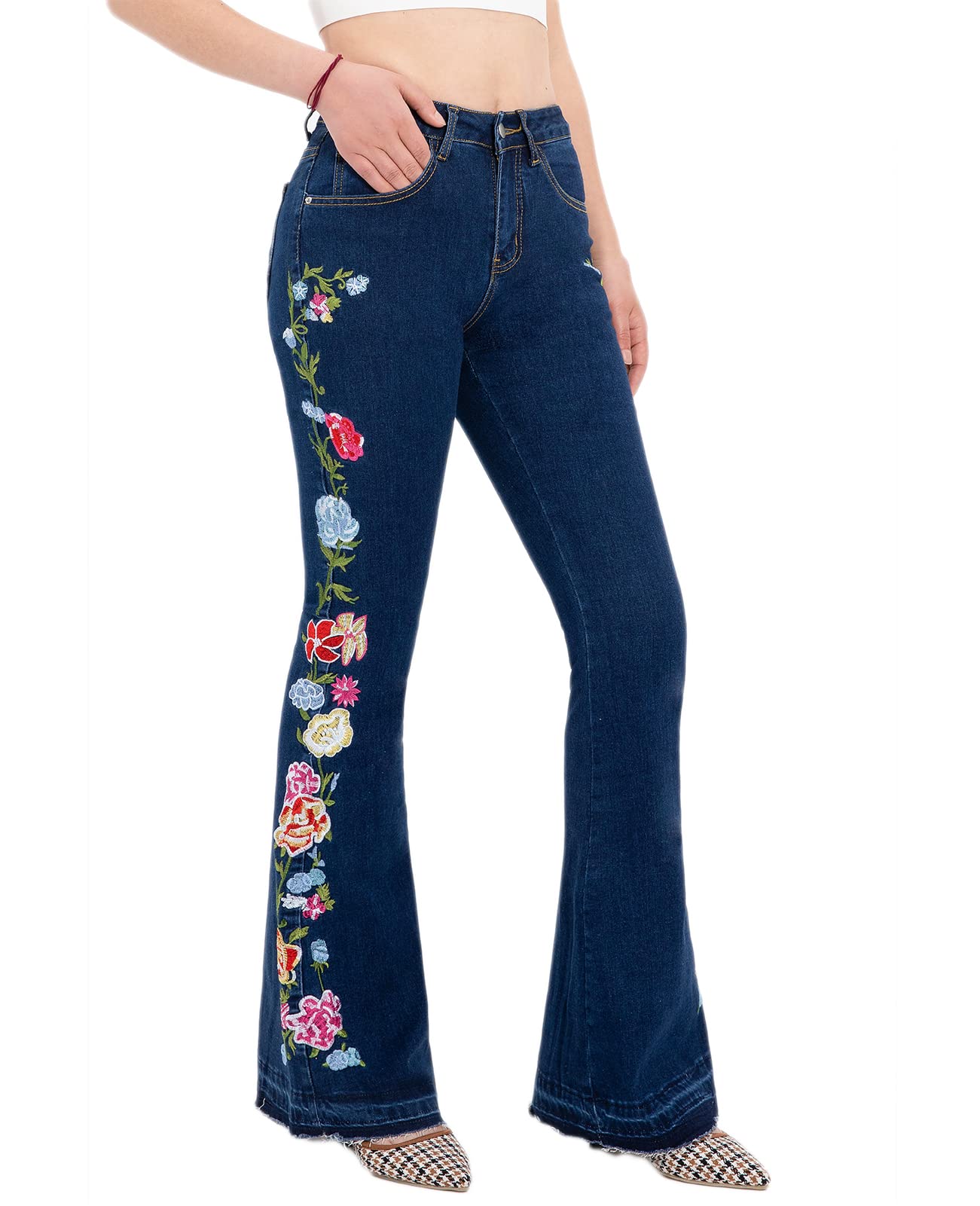 Women's Bell Bottom Jeans - Flared Floral Embroidered Wide Leg Denim Pants for Casual Wear & Boho Style Outfits | Perfect for Music Festivals, Retro Parties & 70s Fashion Looks
