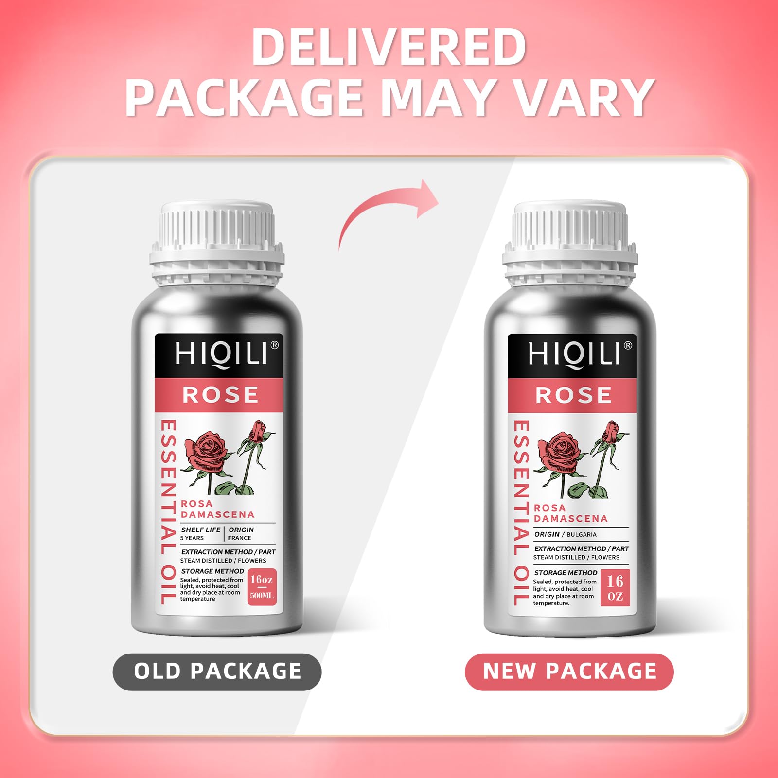 HIQILI Pure Rose Essential Oil - 16 Fl Oz for Aromatherapy, Diffuser, Soap, Perfume & Candle Making | Perfect for Relaxation, Spa & Home Fragrance