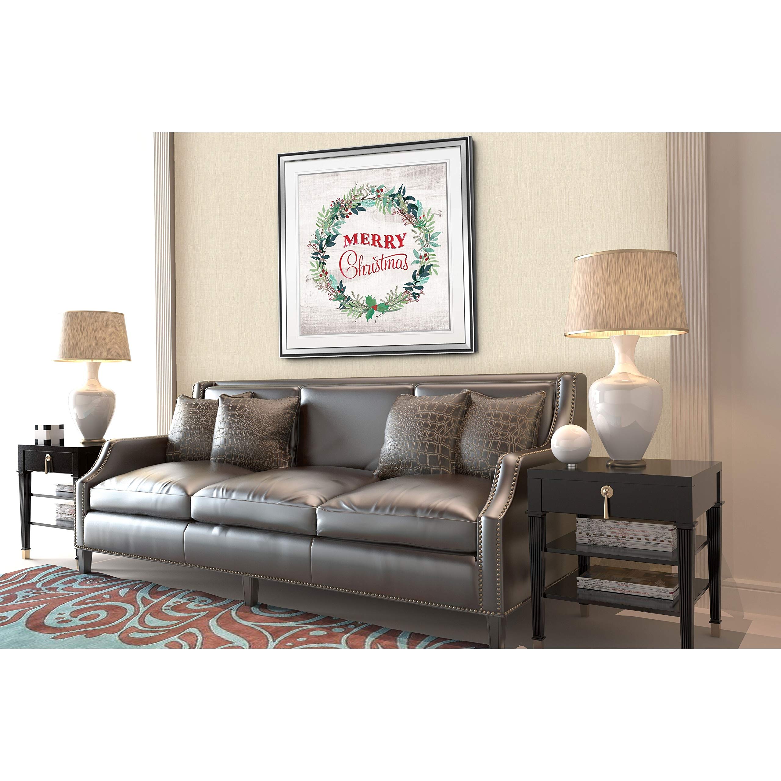 Wexford Home Merry Christmas Wreath - Custom Framed Holiday Wall Art Print in Blue, White, Grey, Yellow, Green, Silver & Gold - 38x38 Inch Christmas Decor for Living Room, Front Door & Holiday Party Decoration