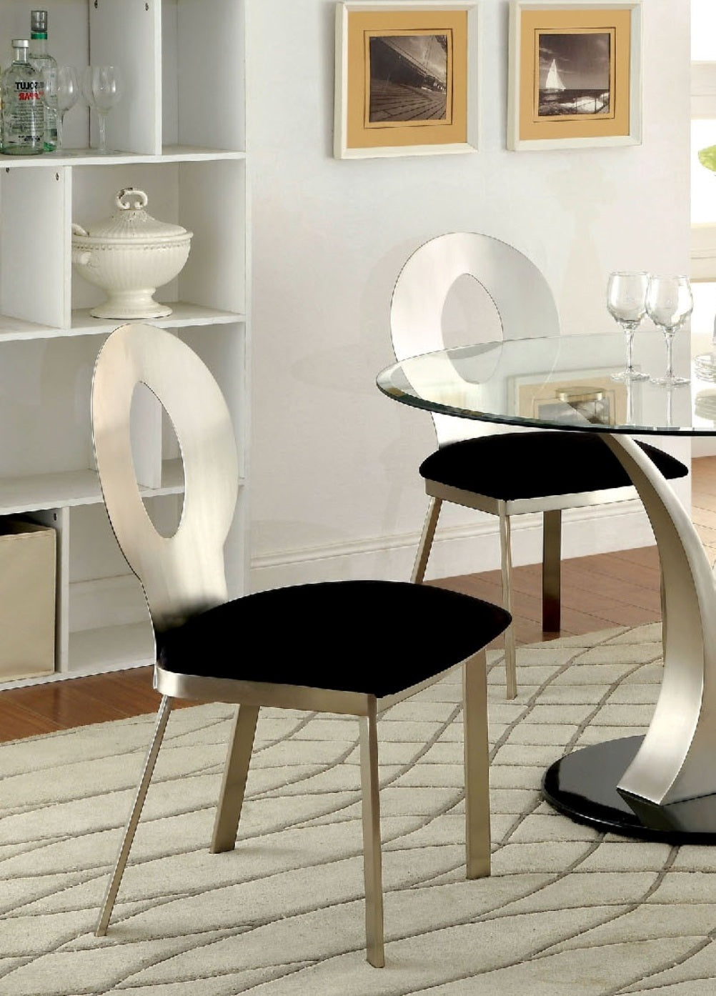 Modern Silver Metal Frame 2-Piece Dining Chair Set with Black Microfiber Upholstery - Oval Back Design with Satin Plated Powder Coating | Perfect for Kitchen, Dining Room, Breakfast Nook or Small Space Decor