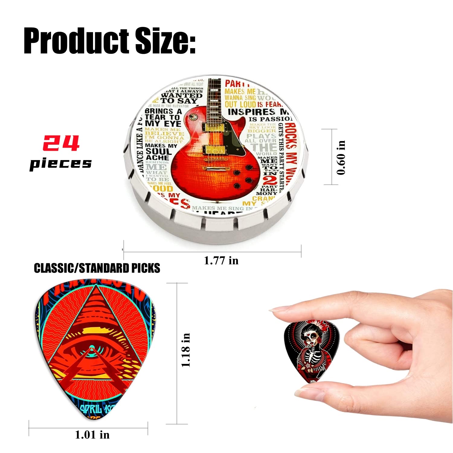 24 Pack Guitar Picks Variety Set - Thin, Medium, Heavy & Extra Heavy Celluloid Picks with Tin Box for Bass, Electric & Acoustic Guitar - Perfect Gift for Musicians & Guitar Lovers - Great for Practice, Recording & Live Performances