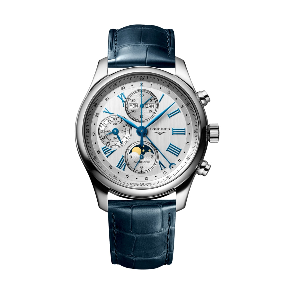 Master Collection Chrono Moonphase Silver and Blue Dial Men's Watch - 42mm Stainless Steel Case - Perfect for Business, Formal Events & Luxury Gifts