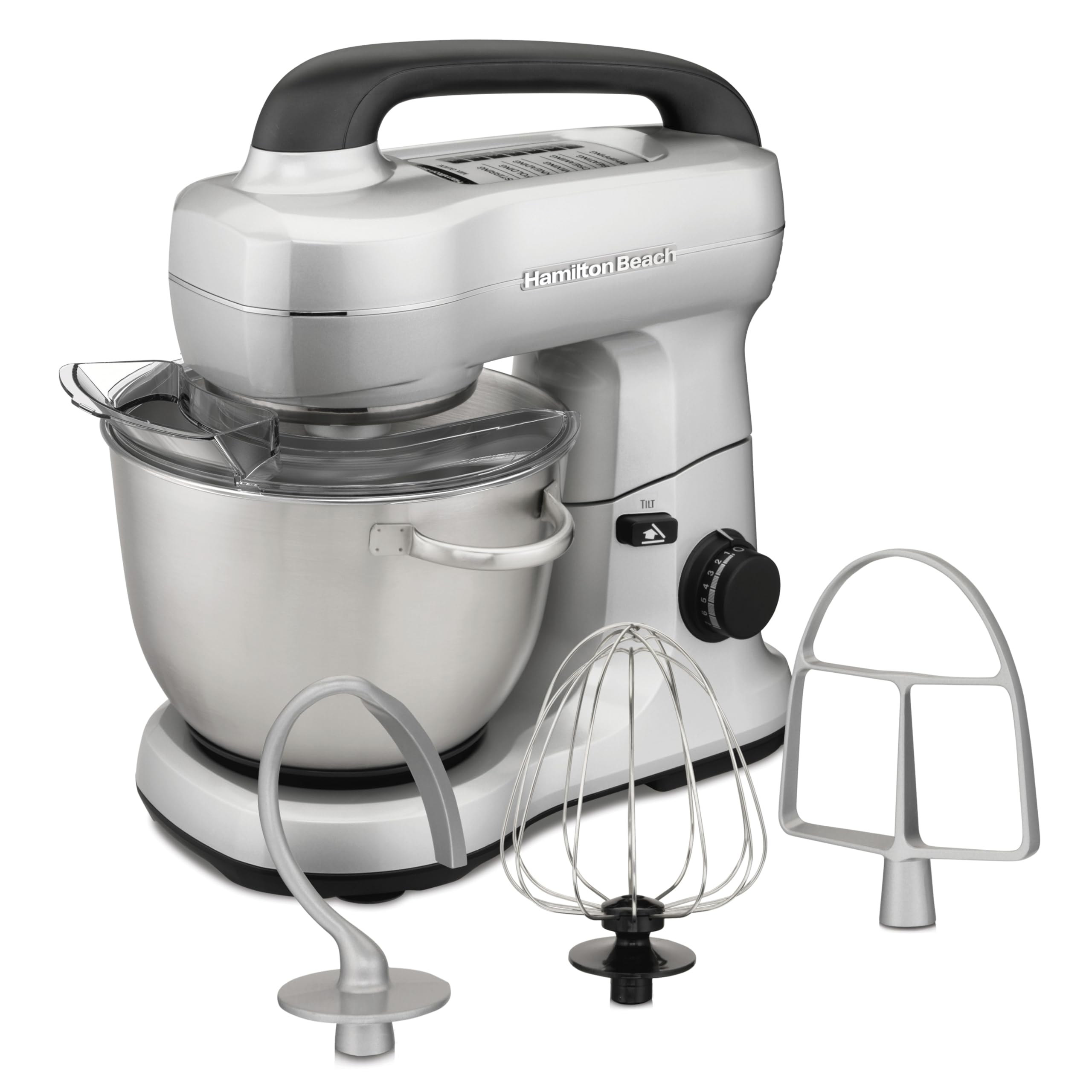 Hamilton Beach 4-Quart Electric Stand Mixer with Dough Hook, Flat Beater & Whisk - 7 Speed Settings & Splash Guard - Perfect for Baking Bread, Cakes & Cookies (Silver)