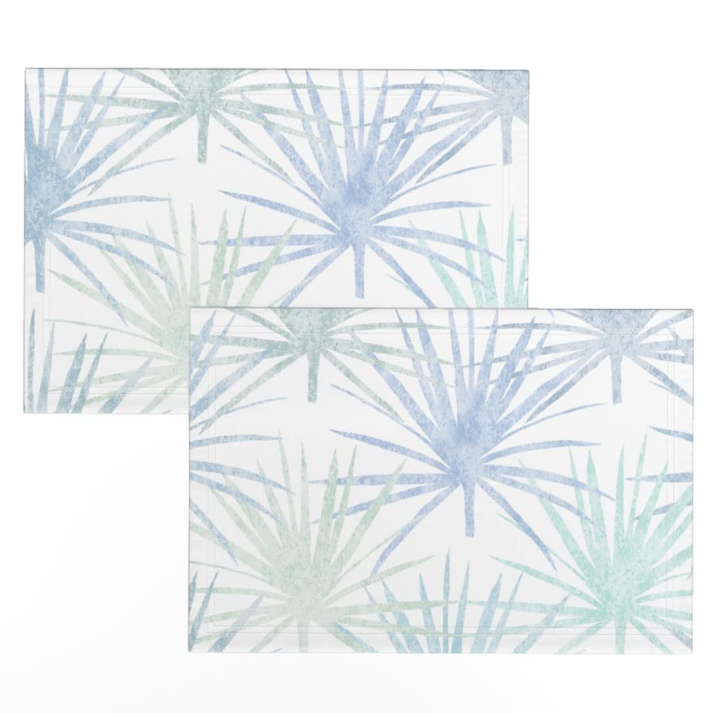 Art Deco Tropical Botanical Print Linen Cotton Canvas Placemats - Set of 2, Blue & White Palm Leaf Design for Dining Table Decor - Perfect for Florida Beach House, Boho Kitchen, and Summer Dinner Parties
