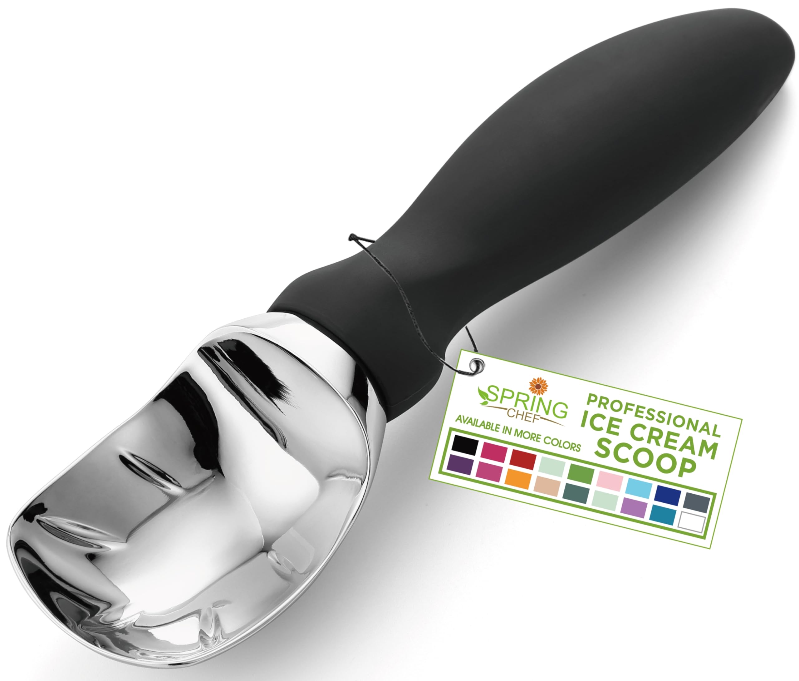 Spring Chef Heavy Duty Ice Cream Scoop with Ergonomic Handle - Professional Stainless Steel Scooper for Gelato, Sorbet, Cookie Dough, Frozen Yogurt & Melon - Dishwasher Safe Kitchen Tool - Perfect for Ice Cream Parlors, Dessert Shops & Home Use - Black