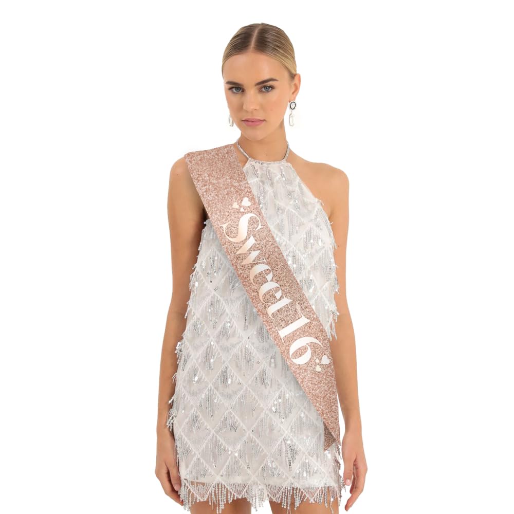 Sweet 16 Rose Gold Birthday Sash for Girls - Sparkly 16th Birthday Party Decorations & Sweet Sixteen Celebration Accessories - Perfect for Quinceañera, Bridal Showers & Special Occasions