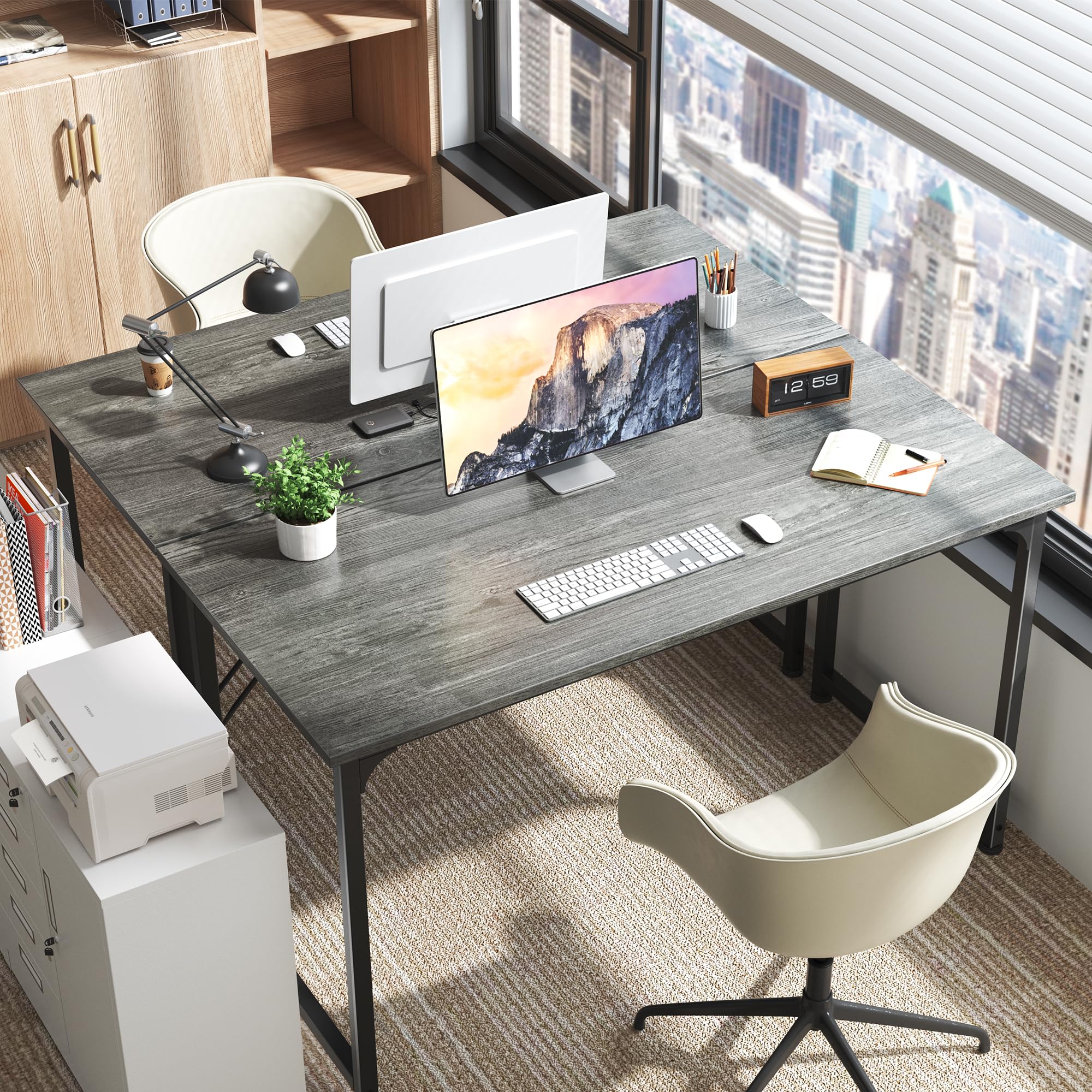 Huuger 55 Inch Modern Simple Office Desk - Sturdy Metal Frame Gaming & Work Desk with Storage, Large Legroom Space, Grey - Perfect for Home Office, Gaming Setup & Small Workspaces