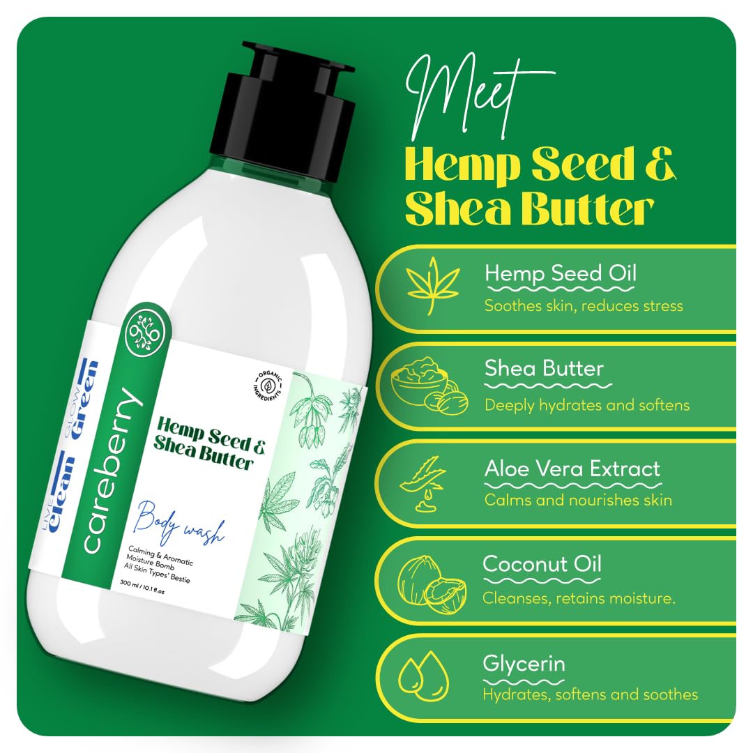 Careberry Hemp Seed Oil & Shea Butter Body Wash - Sulfate & Paraben Free, Ayurvedic Certified, 300ml | Daily Moisturizing for Dry Skin, Perfect for Shower & Bath Routine