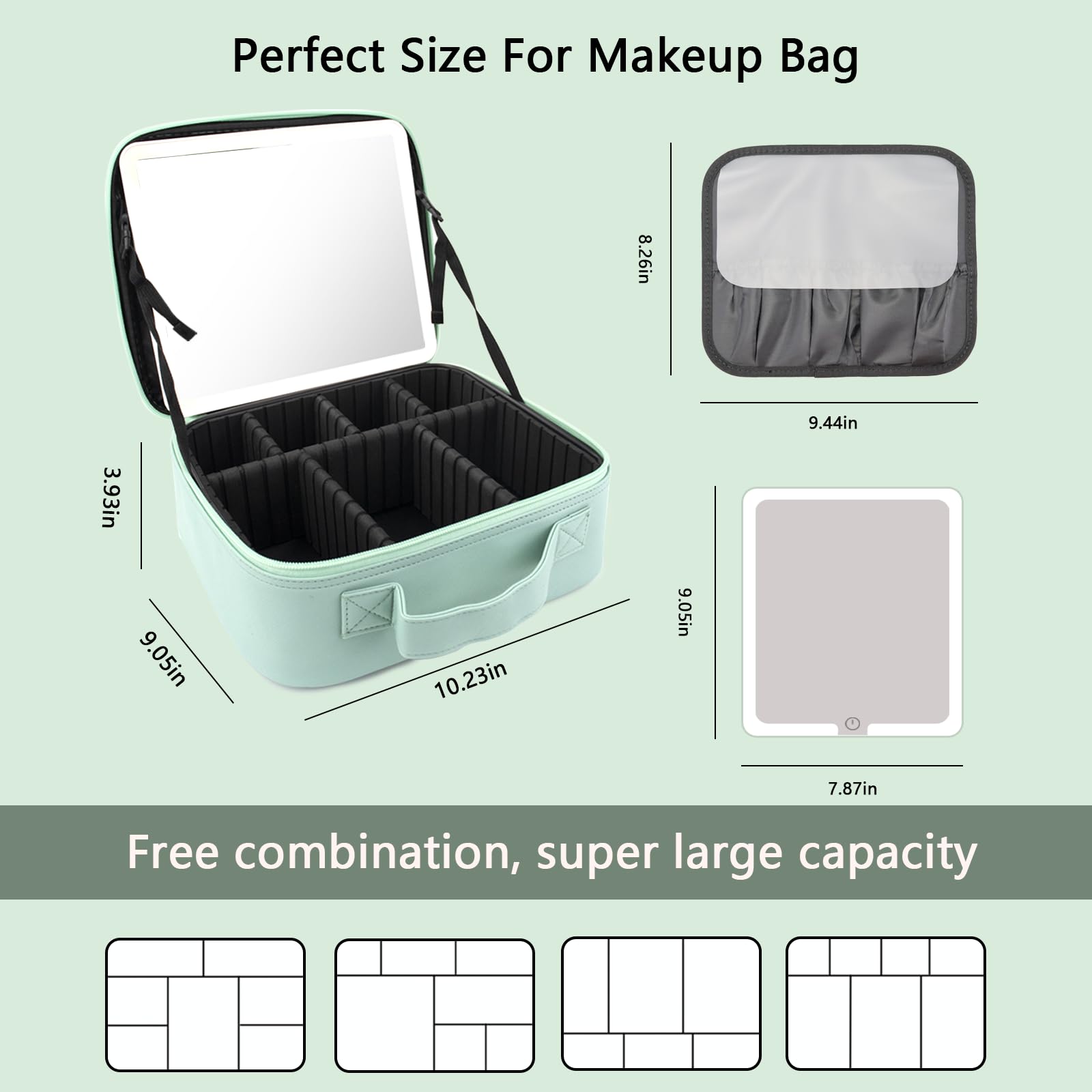 LED Lighted Travel Makeup Bag with Mirror - Portable Cosmetic Organizer with Adjustable Dividers for Makeup Brushes & Toiletries (Light Green) | Perfect for Travel, Home Use & On-the-Go Touchups