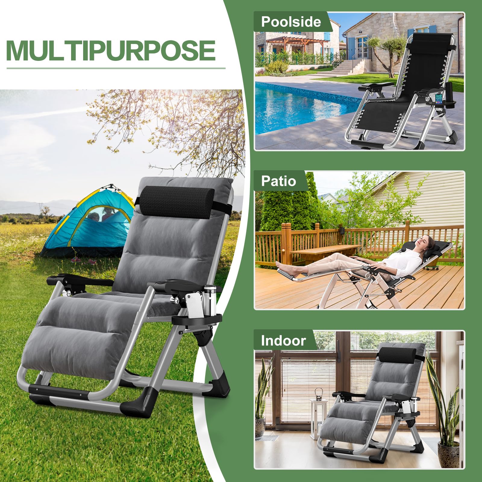 Barbella Zero Gravity Reclining Lounge Chair - Adjustable Folding Patio Chair with Removable Cushion, Headrest & Cup Holder - Perfect for Backyard, Poolside, Beach & Indoor Relaxation