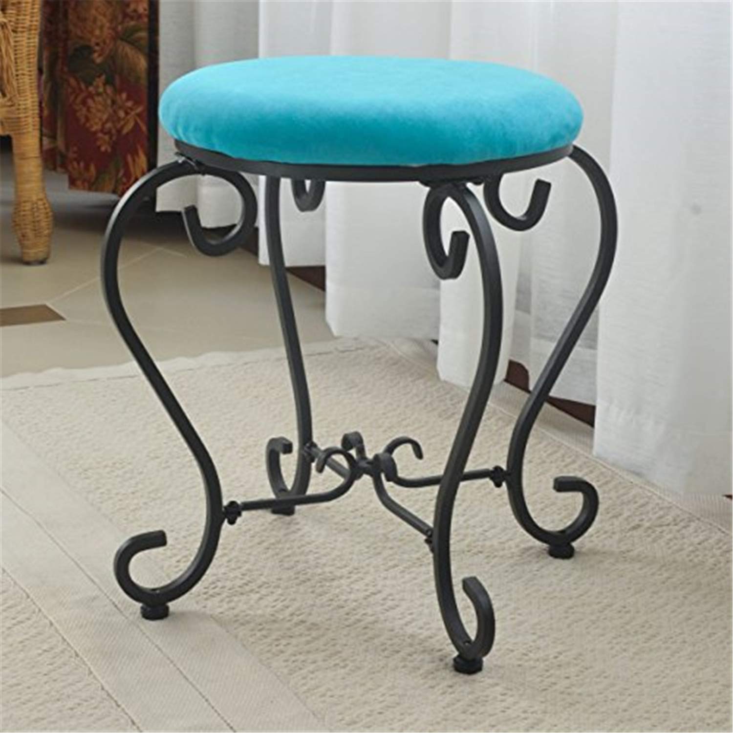 Round Iron Vanity Stool with Aqua Blue Upholstery - Vintage Style Makeup Seat for Dressing Table, Bedroom & Bathroom - Perfect for Home Decor, Salon & Bridal Suite
