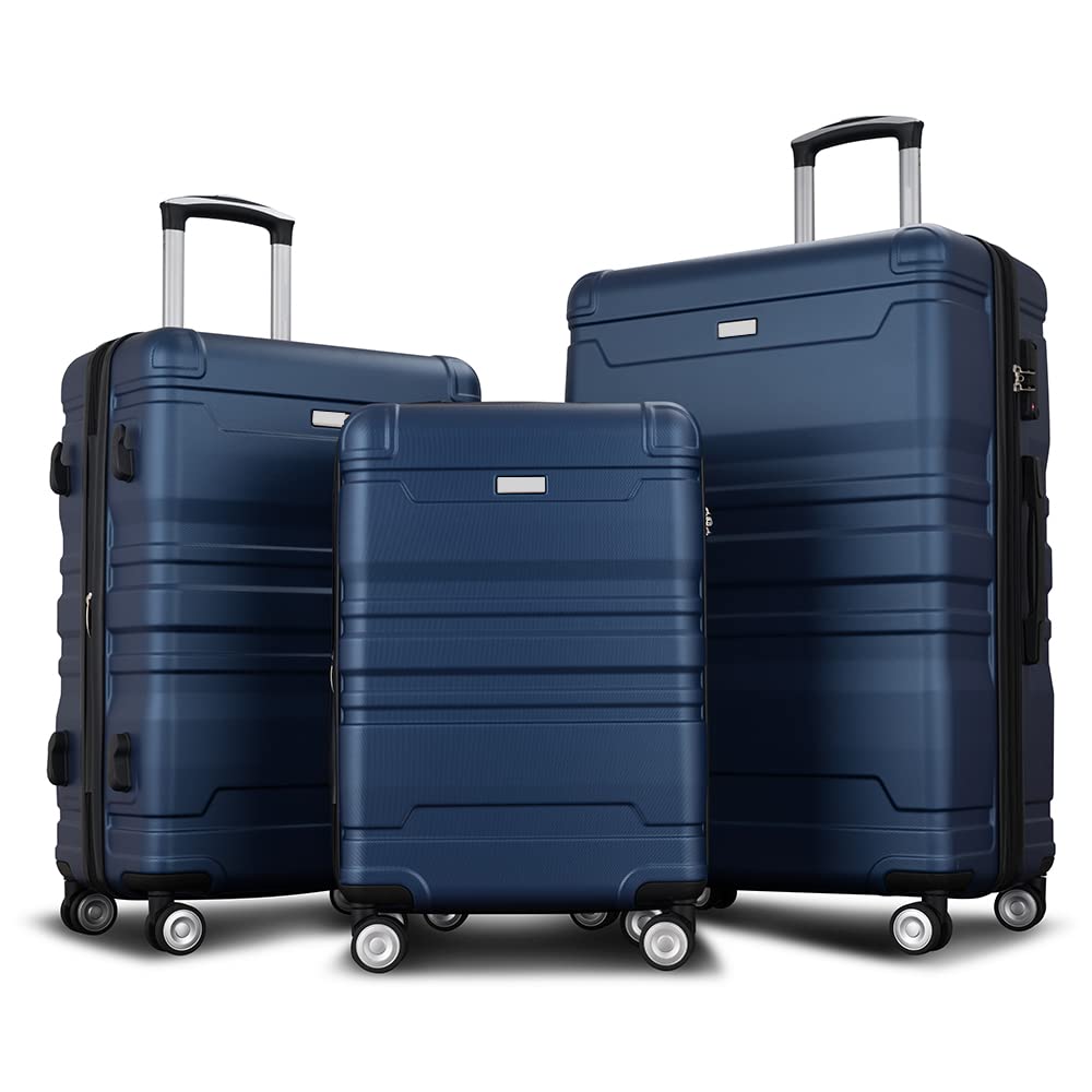 Expandable ABS Hardshell Luggage Set 3-Piece with Spinner Wheels & TSA Lock - 20'' 24'' 28'' Navy Blue Suitcases for Travel, Lightweight Durable Hardside Luggage for Vacation, Business Trips & Family Getaways