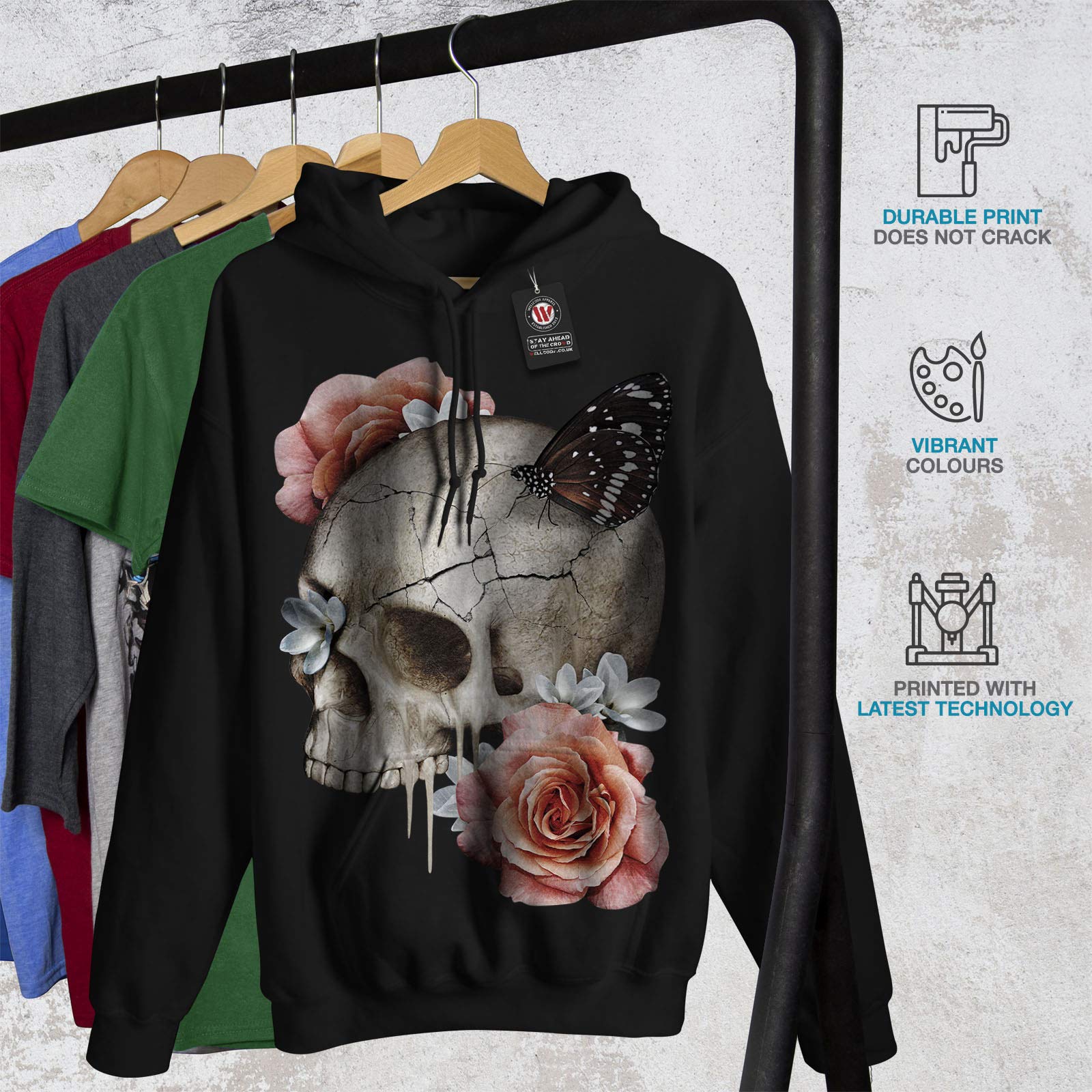 Wellcoda Women's Skull Rose Hoodie - Gothic Floral Print Sweatshirt for Concerts, Halloween, and Casual Streetwear