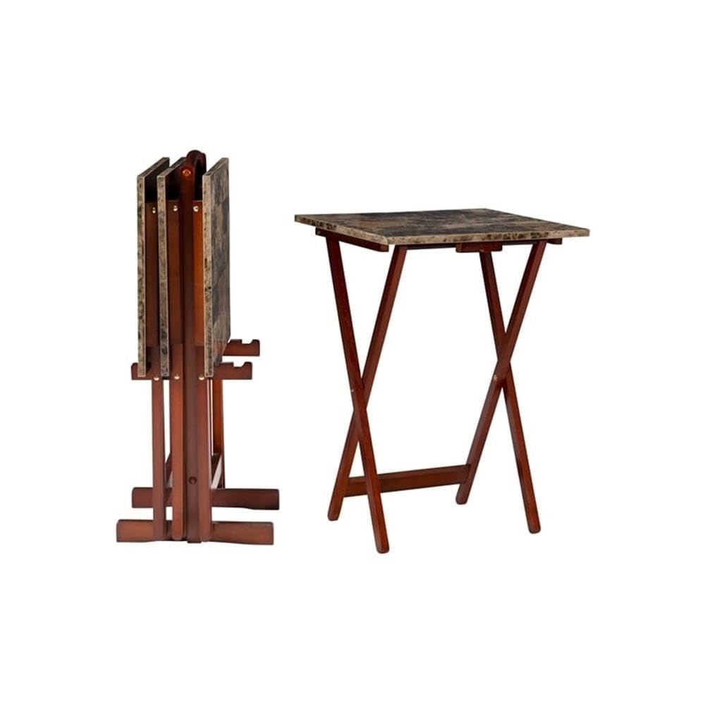 5 Piece Set Faux Marble TV Tray Table Stand in Brown - 4 Adjustable Tray Tables & 1 Sturdy Stand for Living Room, Bedroom, or Outdoor Use - Perfect for Dining, Working, or Entertaining