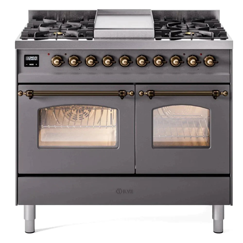 ILVE 40 Nostalgie II Series Freestanding Double Oven Dual Fuel Range - 6 Sealed Burners & Griddle - Professional Gas & Electric Range for Home Kitchen - Perfect for Baking, Roasting & Family Cooking (Model UPD40FNMP)