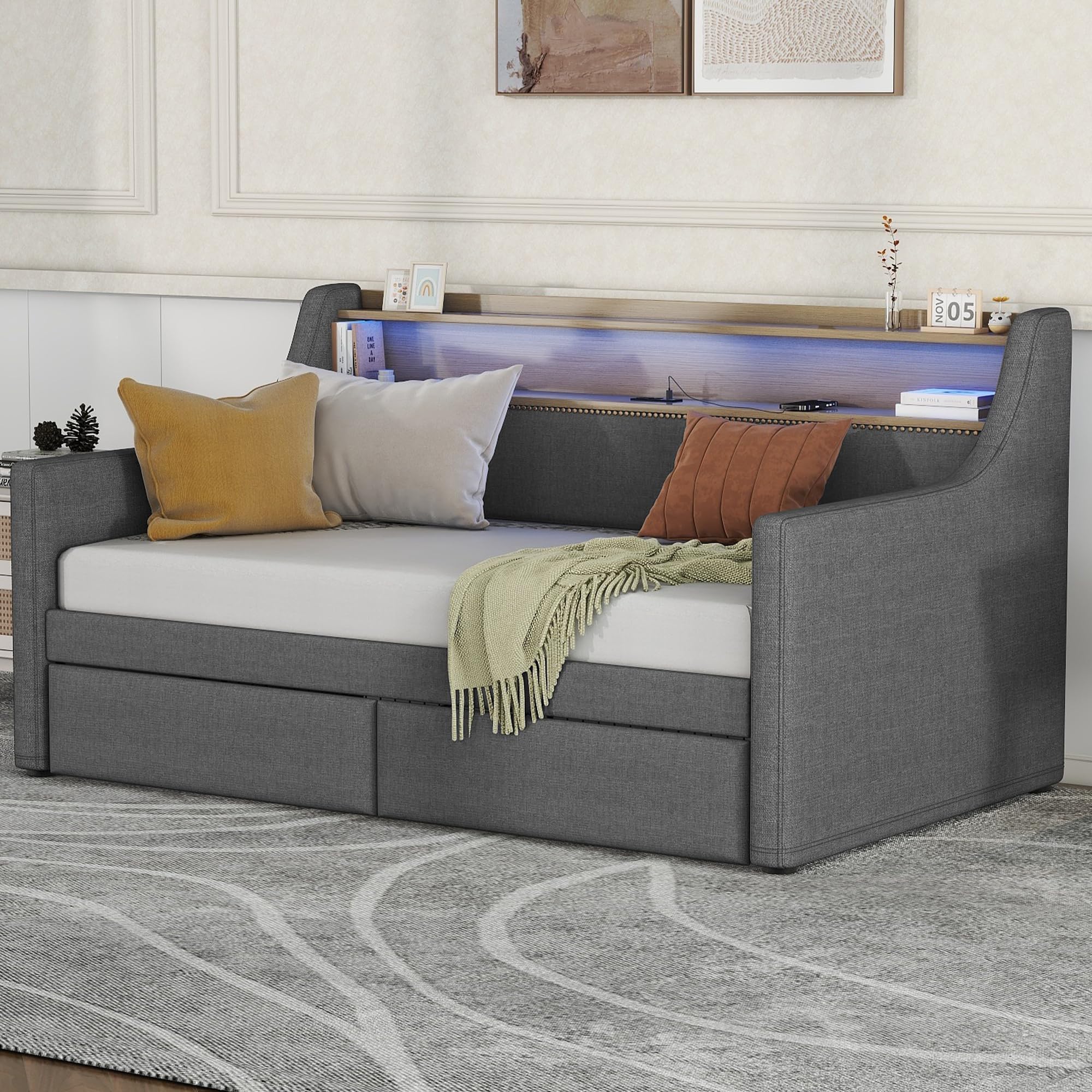 LUSPAZ Twin Size PU Leather Upholstered Daybed with 2 Storage Drawers & LED USB Headboard - Modern Sofa Bed with Wooden Slats, Easy Assembly No Box Spring Needed - Perfect for Small Spaces, Guest Rooms, Apartments & Dorm Rooms (Gray)