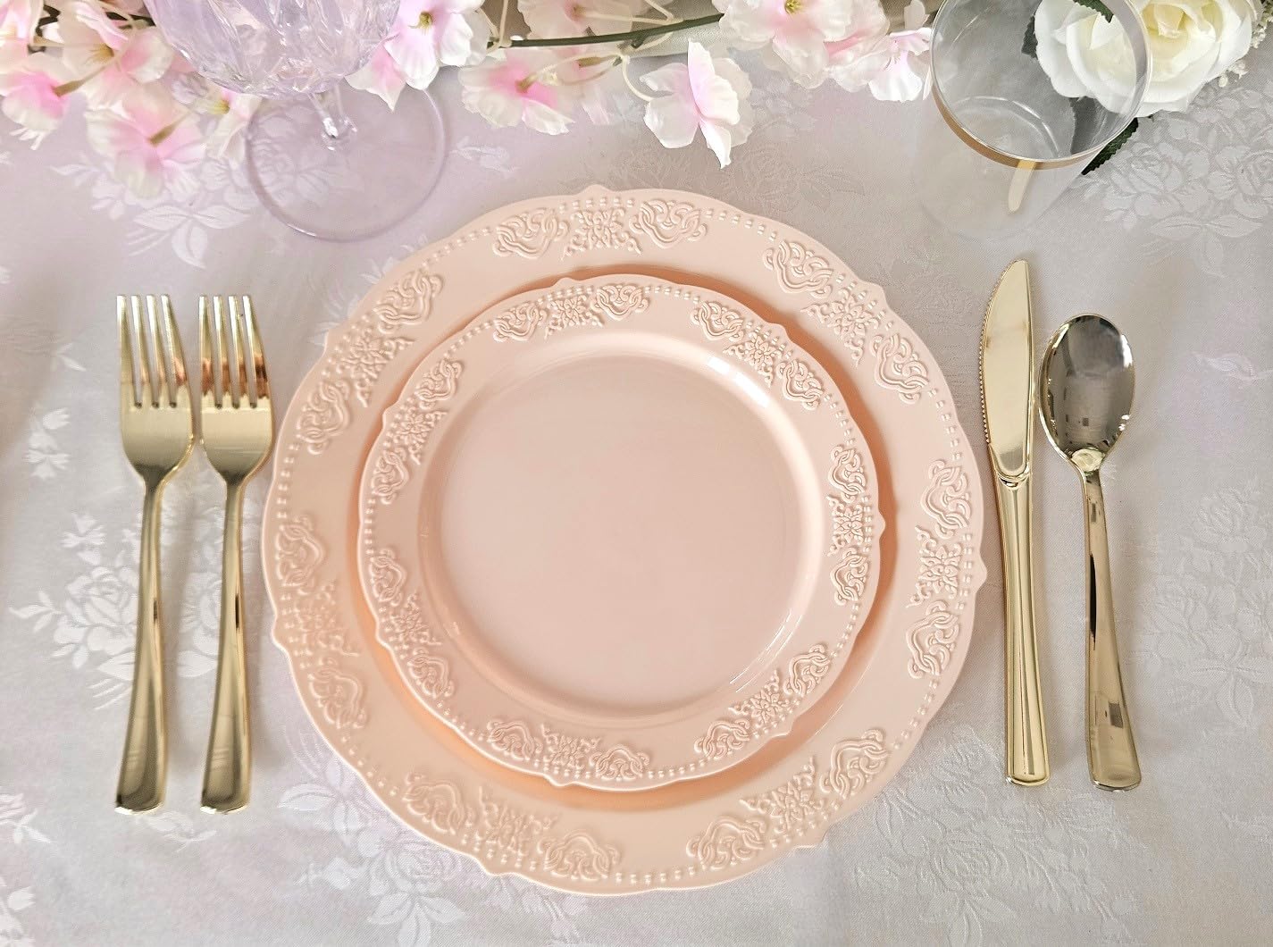 240 Pack Vintage Disposable Plastic Plates - 7.5'' Appetizer & Dessert Plates for Wedding, Party, Baby Shower (Blush/Antique Rose) - Elegant & Eco-Friendly Tableware for Any Occasion