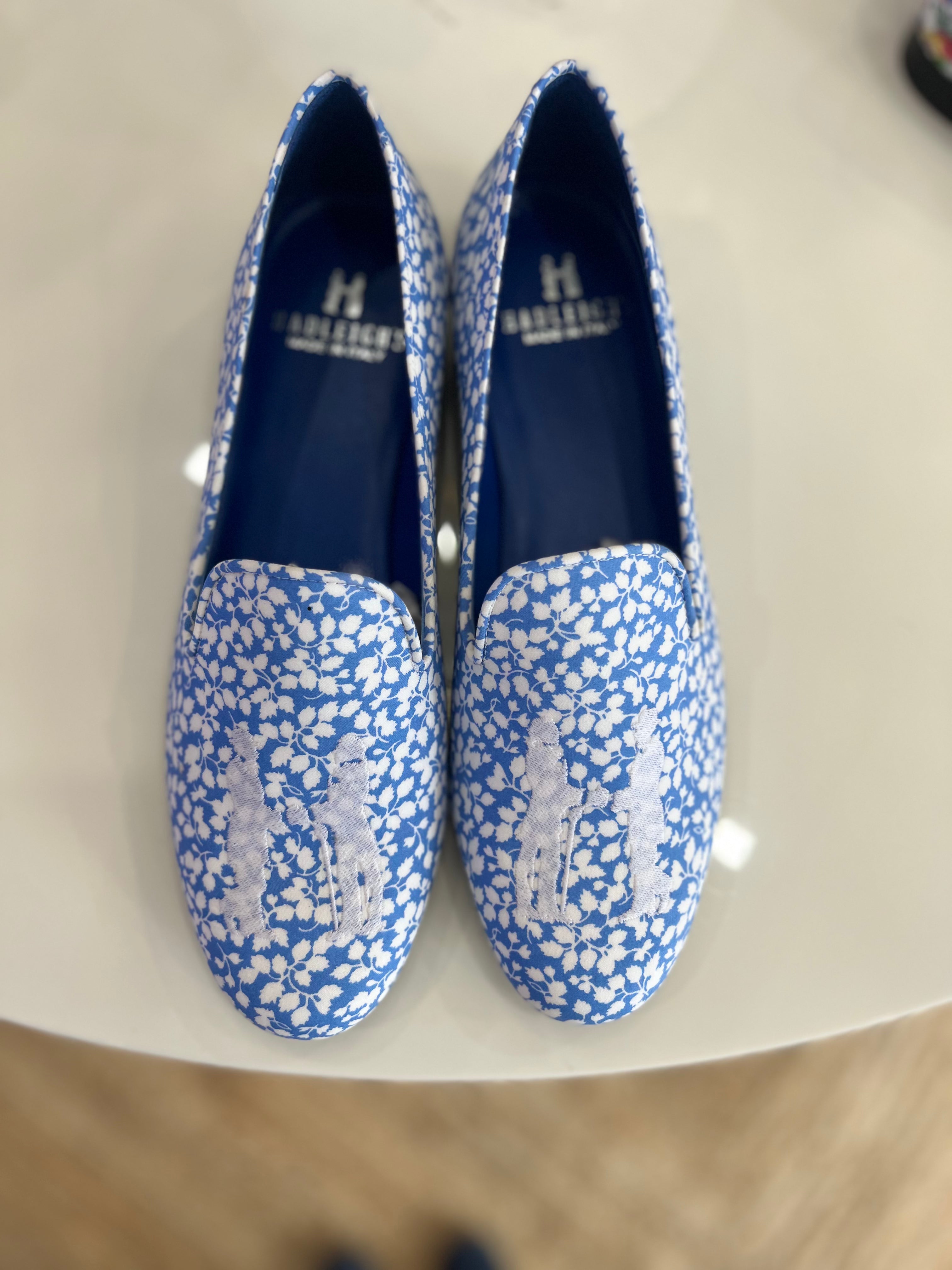Blue Floral Audrey Slippers with White Logo - Soft Indoor/Outdoor House Shoes for Women - Perfect for Home, Lounge, and Backyard Comfort