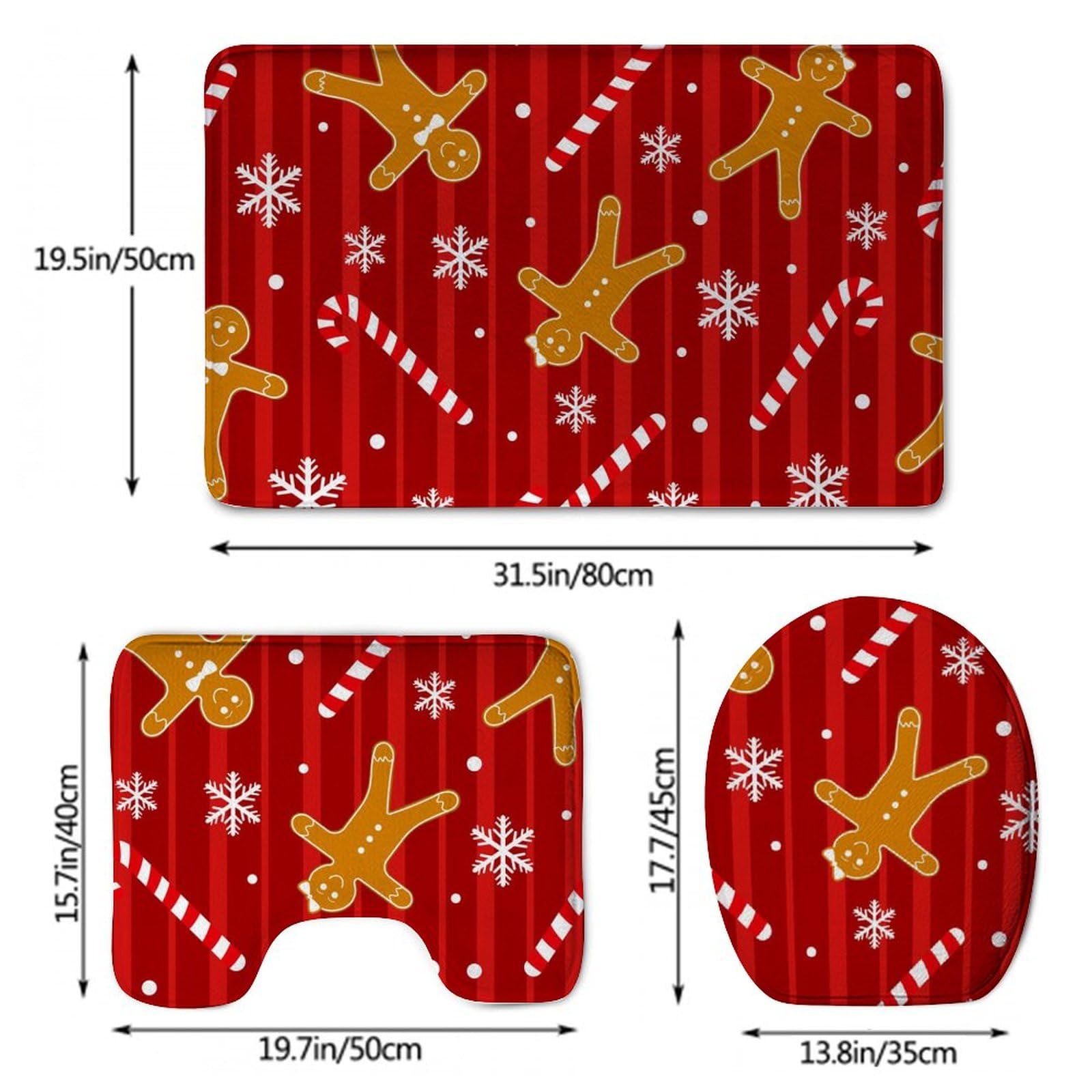 Christmas Red Gingerbread Cookies Candy Canes Bathroom Rug Set - 3 Piece Non-Slip Bath Mats for Bathroom, Bedroom & Kitchen - Holiday Decor Bath Rugs for Festive Home Decor
