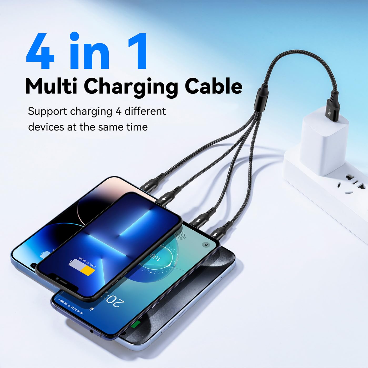 2-Pack RULUS 35CM Braided Multi Charging Cable - 4-in-1 Fast Charger with USB-C/Micro USB/Lightning Ports for iPhone, Android, iPad, Tablet | Home, Office, Car & Travel Use