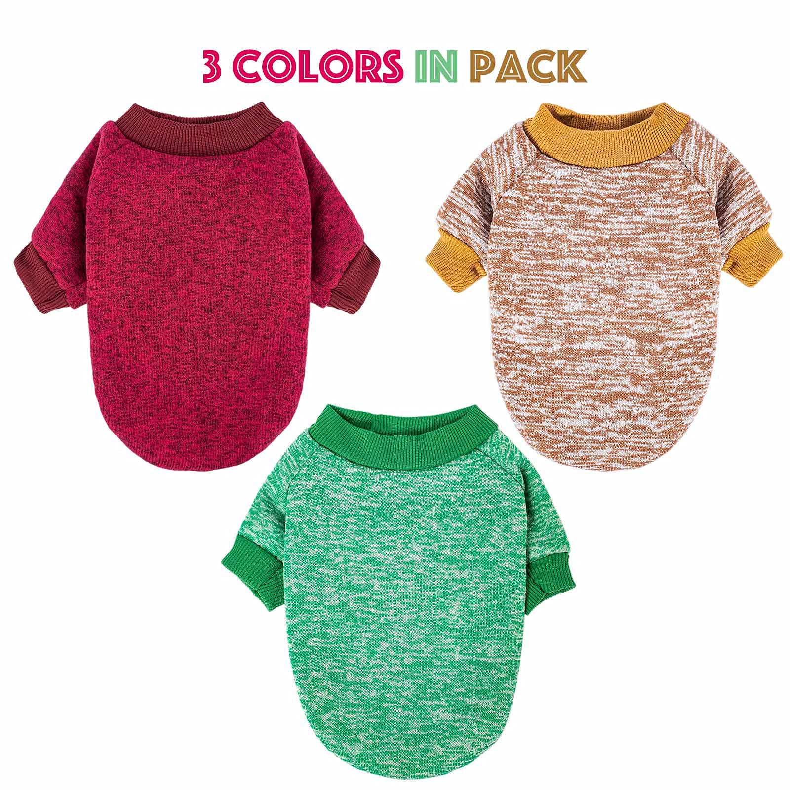 Warm Dog Sweater for Small Dogs - 3 Pack Soft Pet Clothes for Puppies, Cats & Medium/Large Dogs - Christmas Winter Dog Shirts for Boys & Girls (Red, Green, Coffee, X-Small) - Perfect for Cold Weather, Holiday Photos & Indoor Comfort