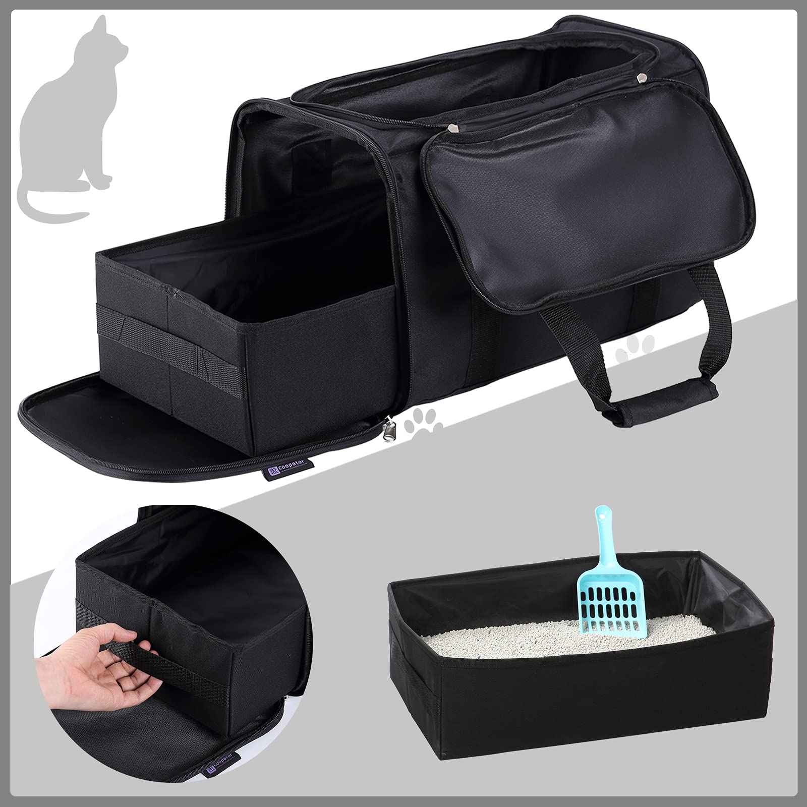 Portable Foldable Cat Litter Box - 2-in-1 Travel Litter Tray for Cats, Lightweight & Compact Design - Perfect for Car Trips, Camping & Outdoor Adventures (Black)