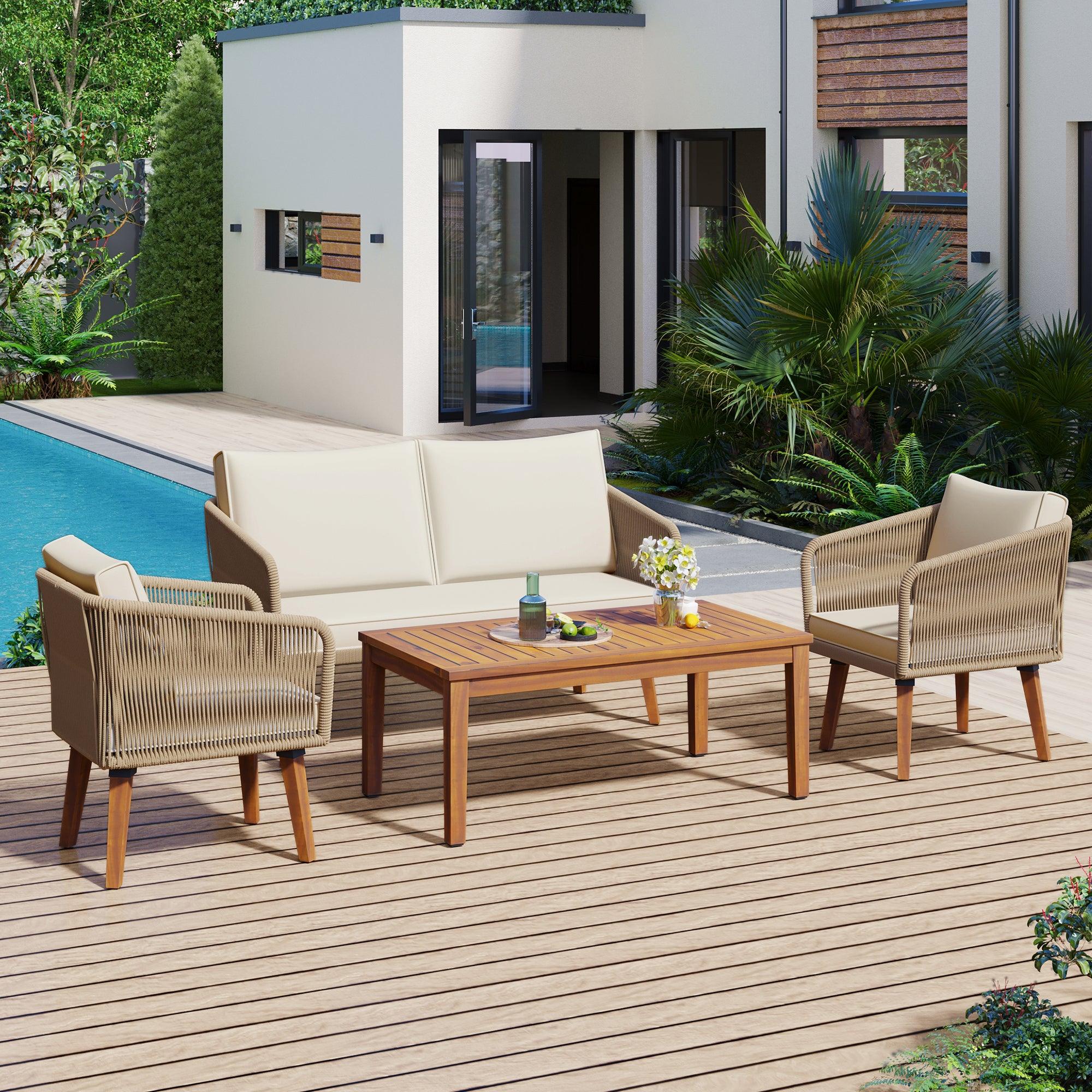 4-Piece Outdoor Patio Furniture Set with Loveseat, Rope Wicker Conversation Set & Cushions - Perfect for Backyard, Garden, Poolside & Outdoor Entertaining