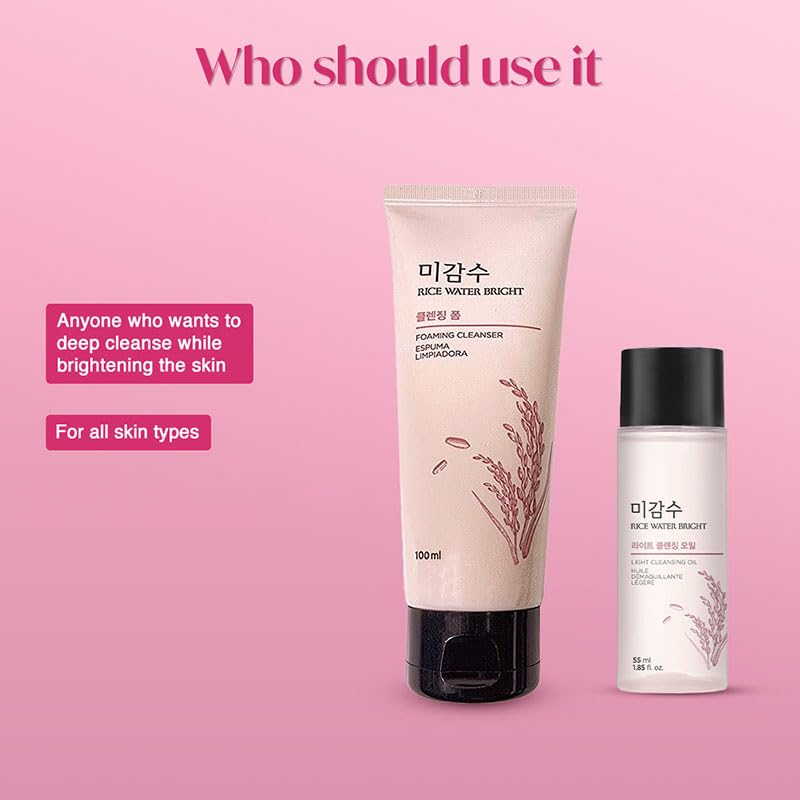 The Face Shop 2 Step Rice Water Bright Kit - Foaming Face Wash 100ml & Cleansing Oil 55ml for Glowing Skin | Korean Skincare Set for Dullness, Dark Spots | Perfect for Morning & Night Routine