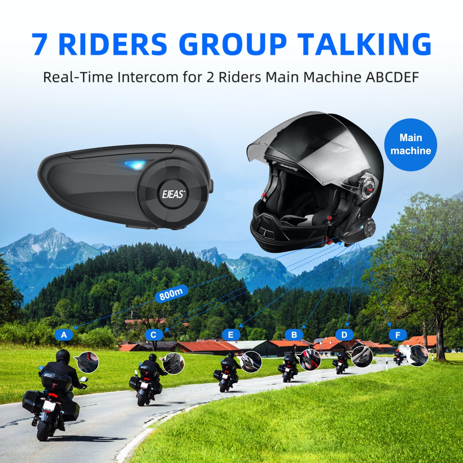 EJEAS Q7 Motorcycle Helmet Bluetooth Intercom - Wireless Bluetooth 5.1 Headset with CVC Noise Cancellation & FM Radio - Connects 7 Riders for Snowmobile, ATV, Dirt Bike Riding (2 Pack) - Perfect for Group Rides, Adventure Tours & Off-Road Excursions