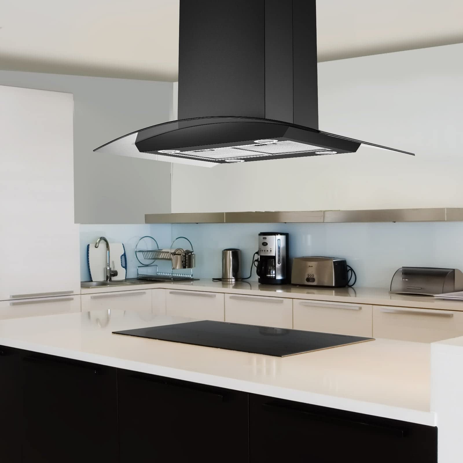 30 Inch Island Range Hood - 700CFM Black Stainless Steel Ceiling Mount Kitchen Vent Hood, Ducted/Ductless Convertible Stove Exhaust Fan with 5-Layer Filters & Curved Tempered Glass - Perfect for Open Kitchen, Restaurant, and Modern Home Cooking Spaces