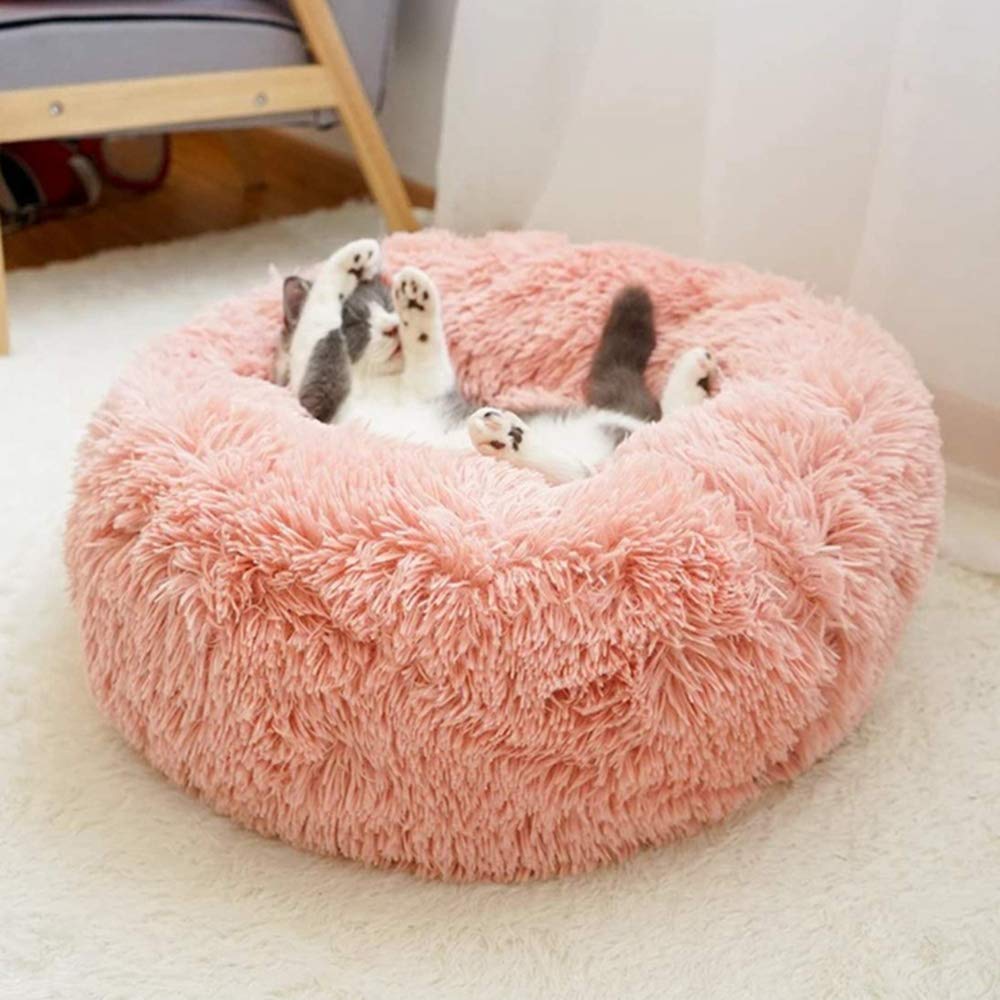 **Otoez Small Round Plush Donut Pet Bed for Puppies & Kittens - Anti-Anxiety Calming Dog & Cat Bed with Non-Slip Waterproof Bottom, Washable (15.7
