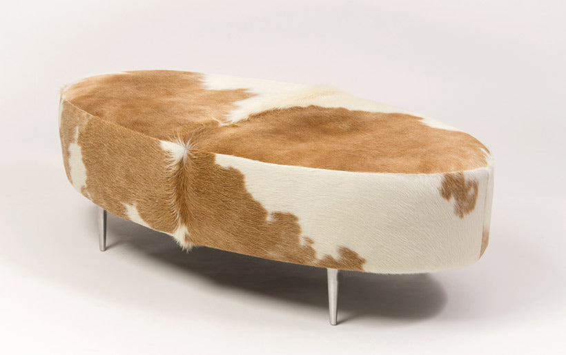 Premium Cowhide Ottoman with Metal Legs - Oval Beige & White Leather Footstool (47