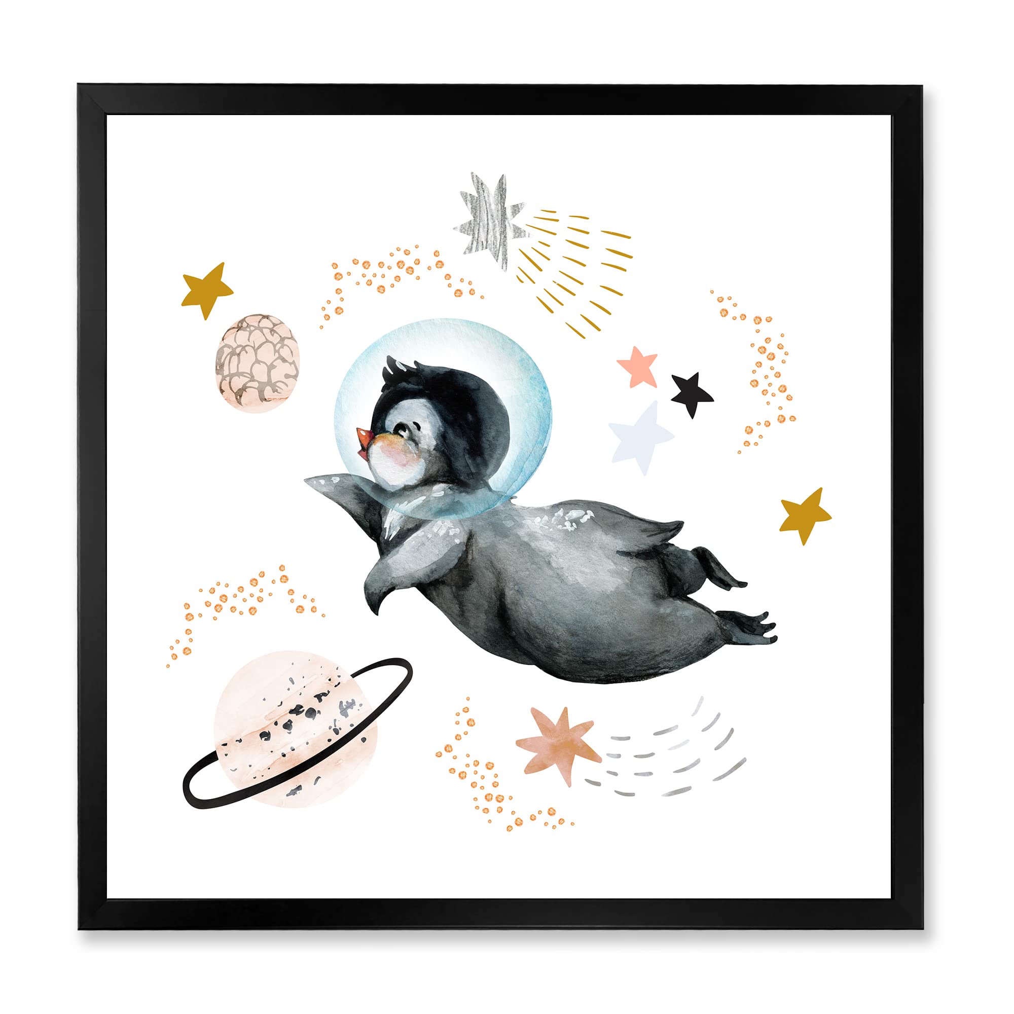 Little Penguin Flying Stars and Planets II - Vintage Farmhouse Framed Wall Art Decor for Nursery, Kids Room & Living Room