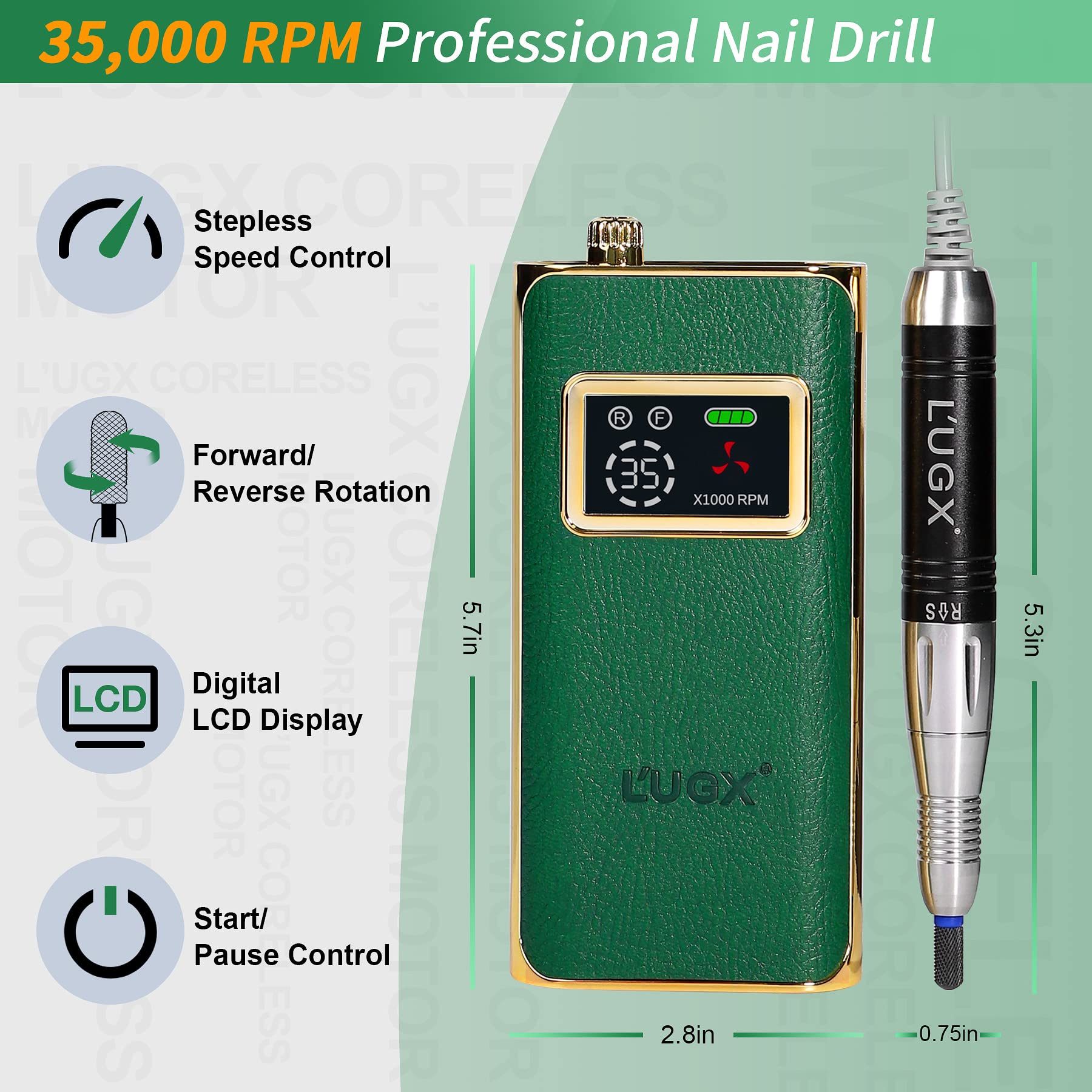 L'UGX Professional 35000RPM Electric Nail Drill Machine - Portable Manicure & Pedicure Kit for Acrylic Gel Nails, Nail Art Polishing & Shaping - Perfect for Home Salon & Nail Care Enthusiasts