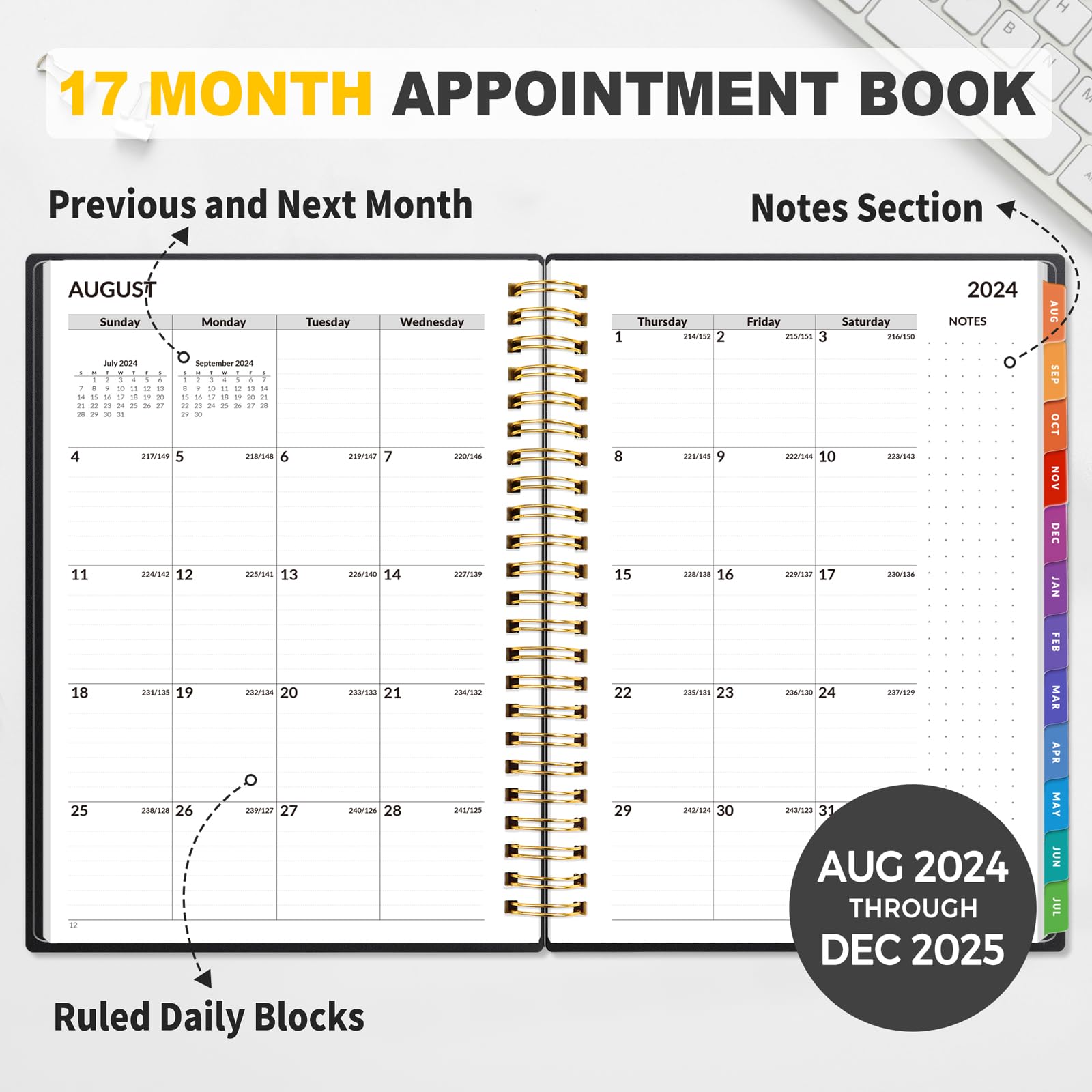 SUNEE 2024-2025 Academic Planner - 17 Month Weekly & Monthly Appointment Book with Hourly Schedule, Flexible Cover, Notes & Pocket (6.4