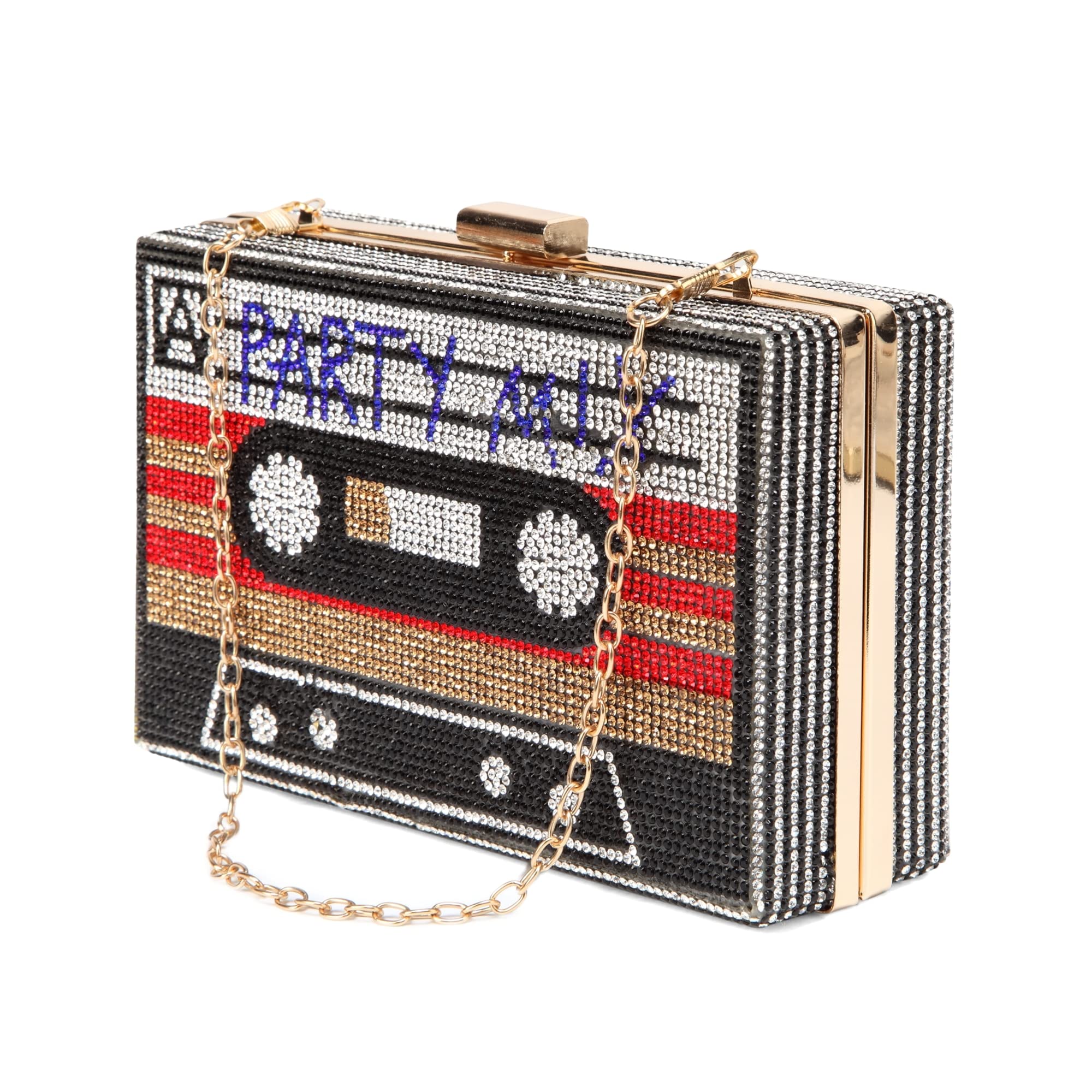 Vintage Retro Radio Shape Crossbody Bag for Women - Rhinestone Embellished Metal Clutch Purse - Perfect for Evening Parties, Concerts & 70s Theme Events