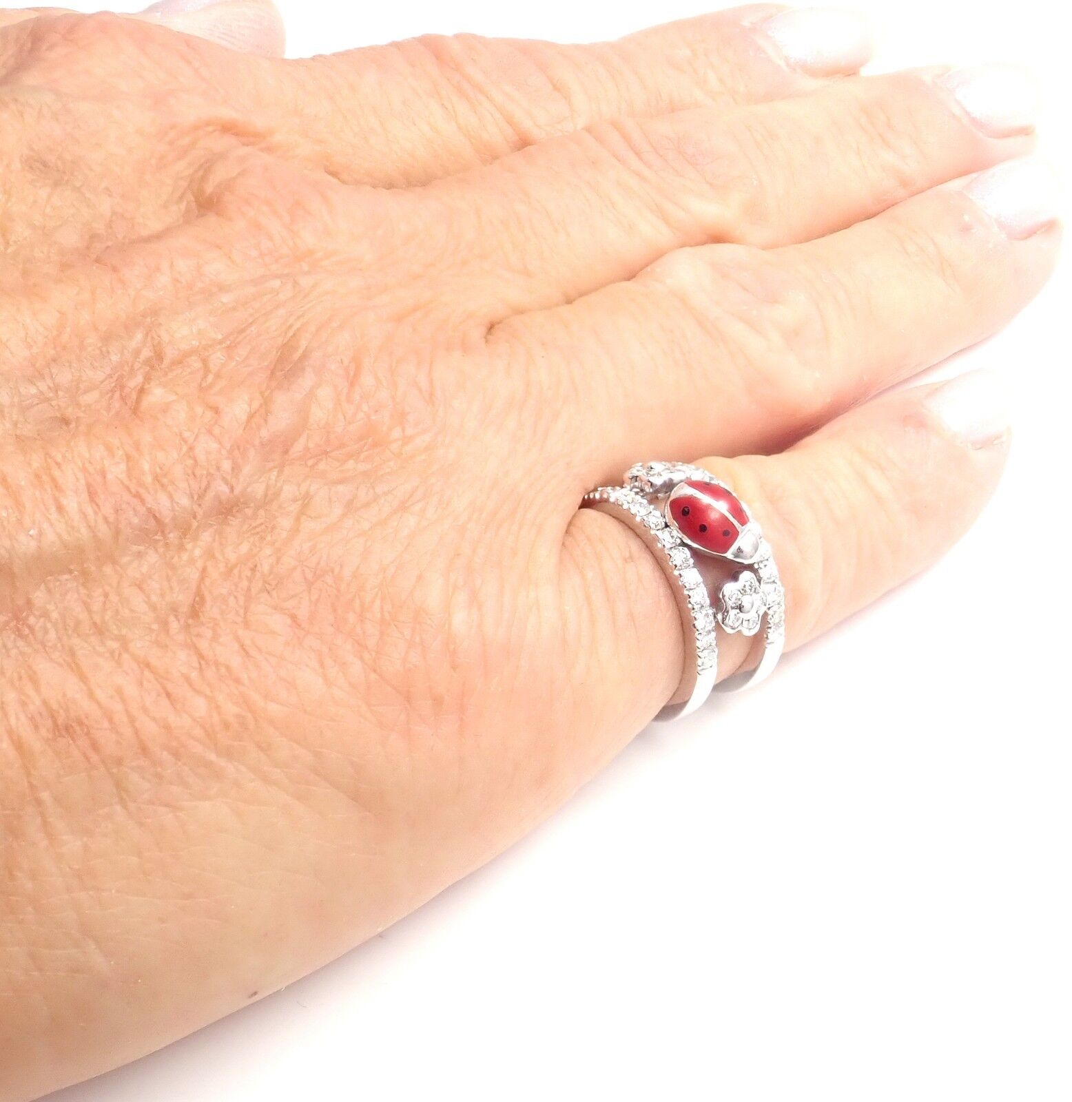 Authentic Aaron Basha 18k White Gold Diamond Red Enamel Ladybug Band Ring - Perfect for Valentine's Day Gifts, Anniversary Presents & Everyday Luxury Jewelry