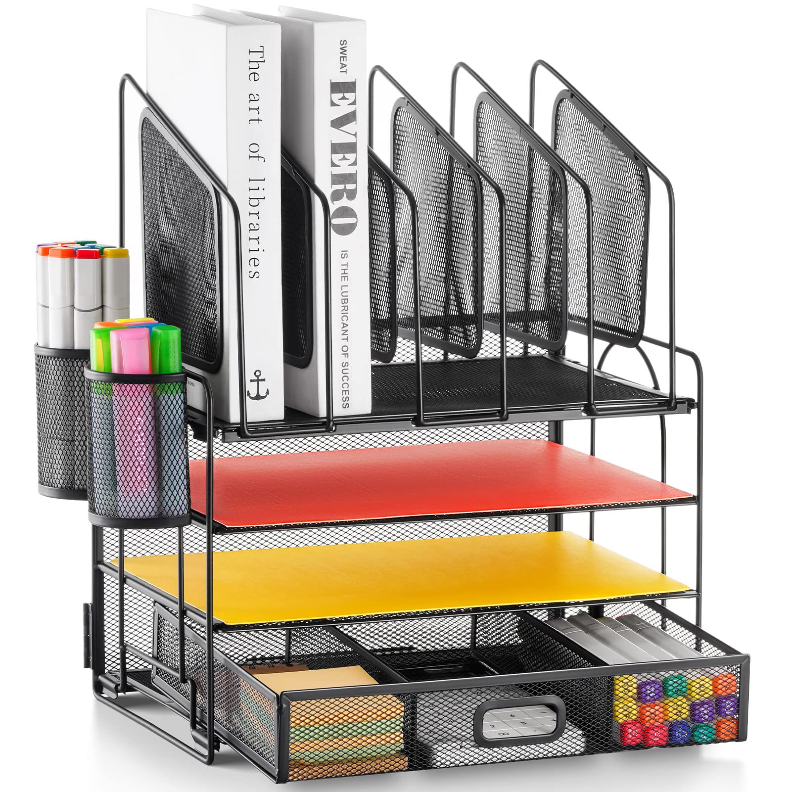 Marbrasse 4-Tier Mesh Desk Organizer with Drawer - 5 Vertical File Holders & 2 Pen Holders - Multifunctional Office Desktop Storage Solution for Home, Office, and Workspace Organization