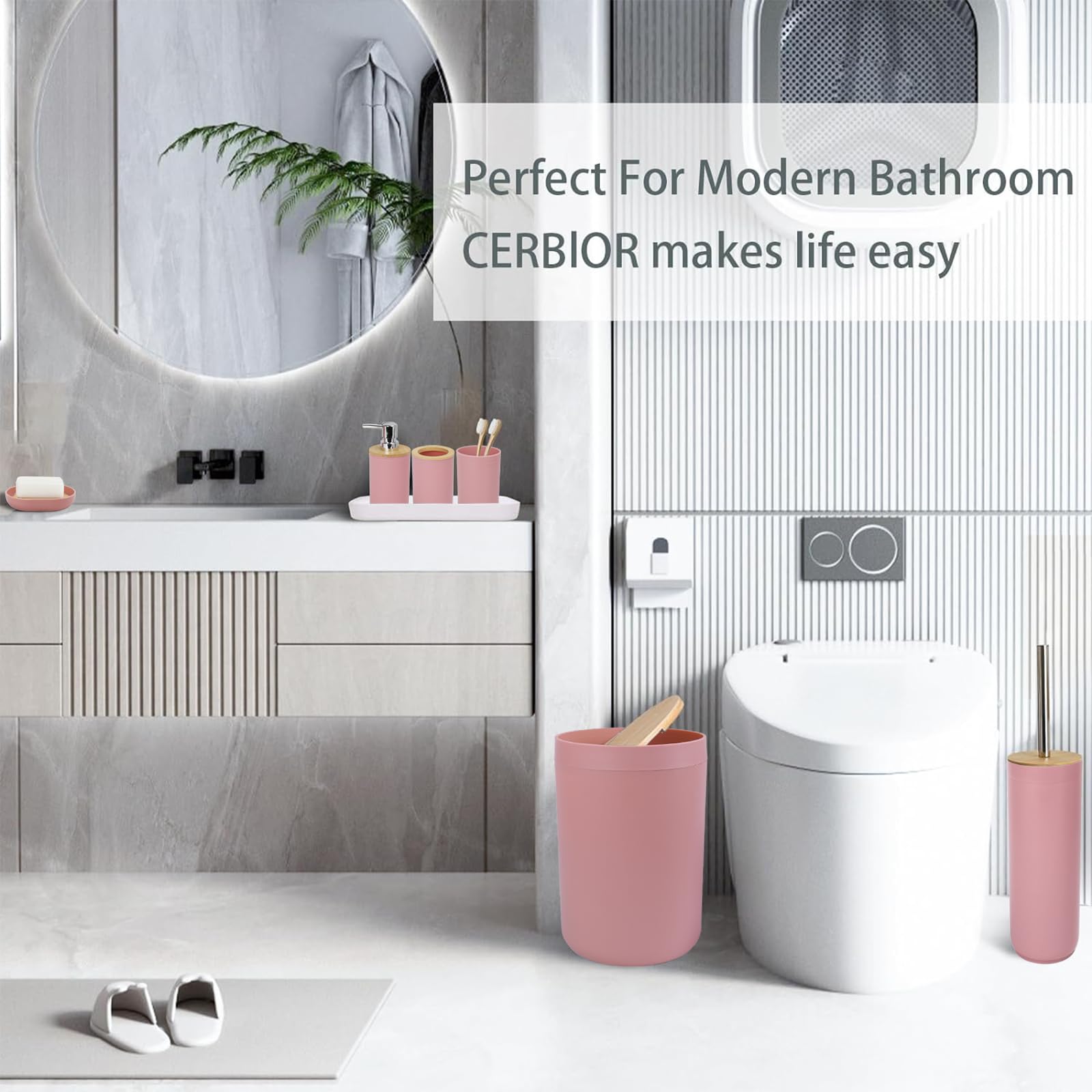 CERBIOR 6-Piece Bamboo Bathroom Accessories Set - Includes Soap Dispenser, Toothbrush Holder, Cup & Soap Dish - Modern Pink Bath Decor for Countertop - Perfect Housewarming Gift for Home & Apartment Decor