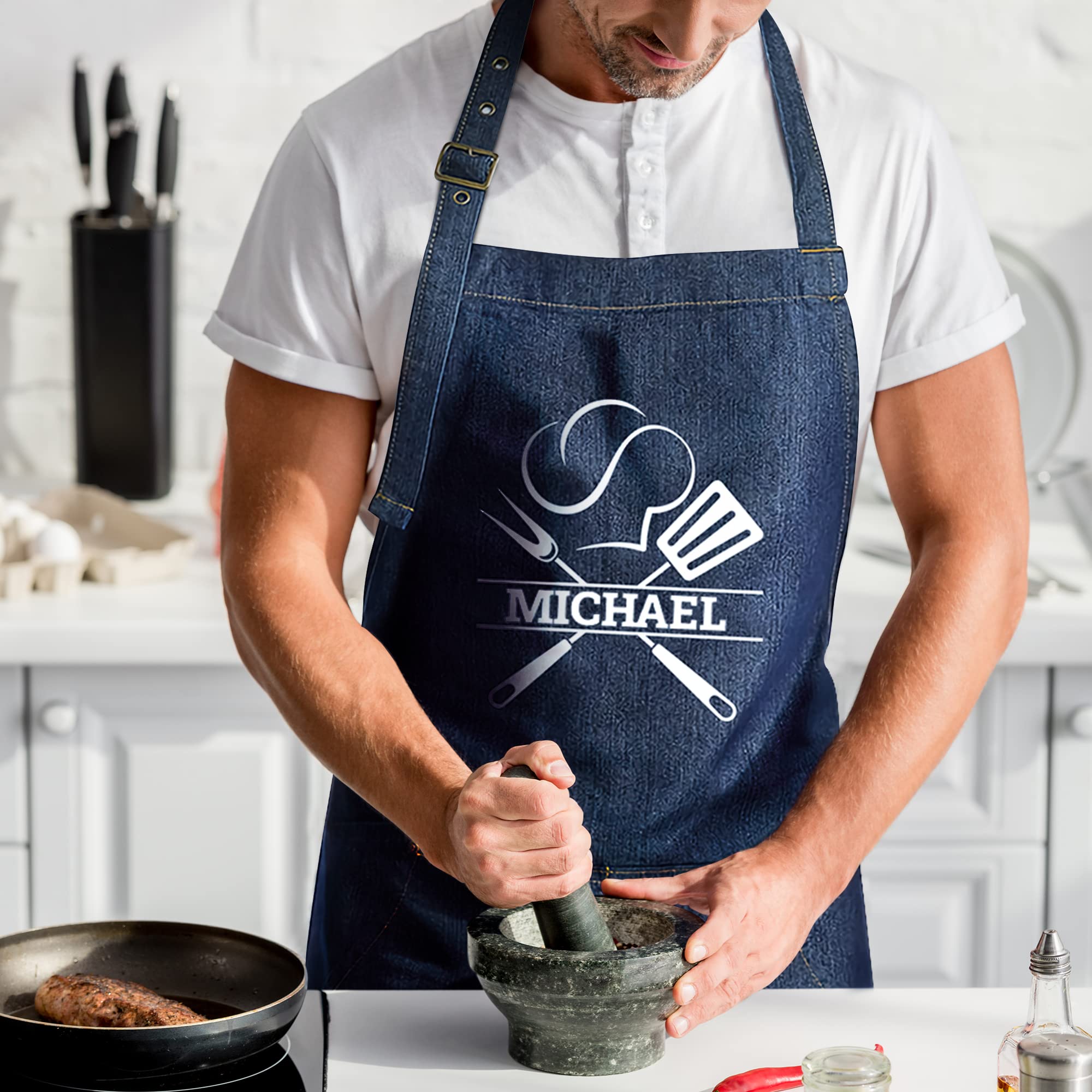 Custom Denim Chef Apron with Pockets - Personalized Cooking Apron for Men & Women - Great Gift for Chefs & Home Cooks - Perfect for BBQ, Baking & Kitchen Use