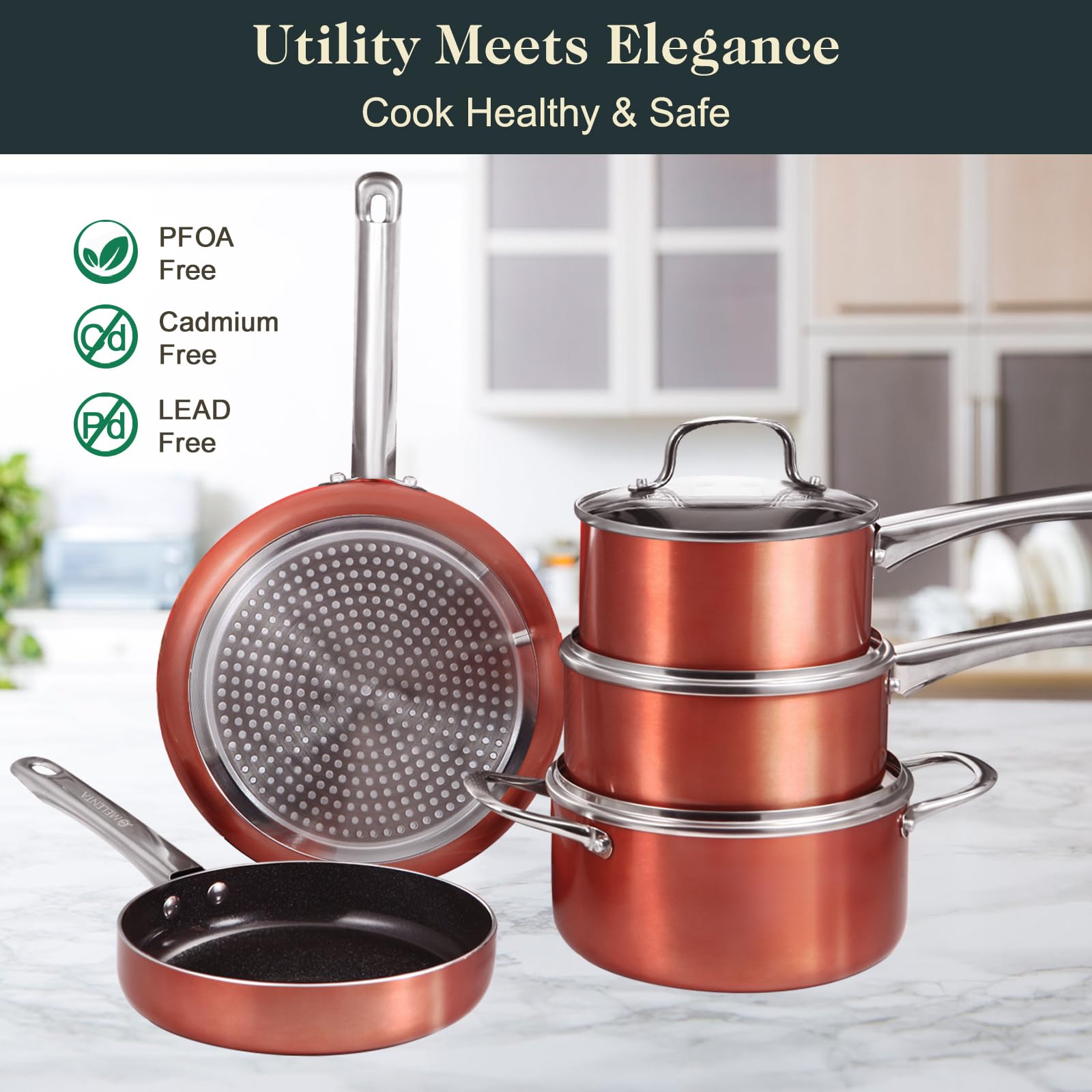 11-Piece Nonstick Ceramic Cookware Set - PFOA Free, Induction Compatible, Oven Safe Handles (450°F) - Perfect for Sauteing, Frying & Baking - Healthy Non-Toxic Pots and Pans for Home Kitchen