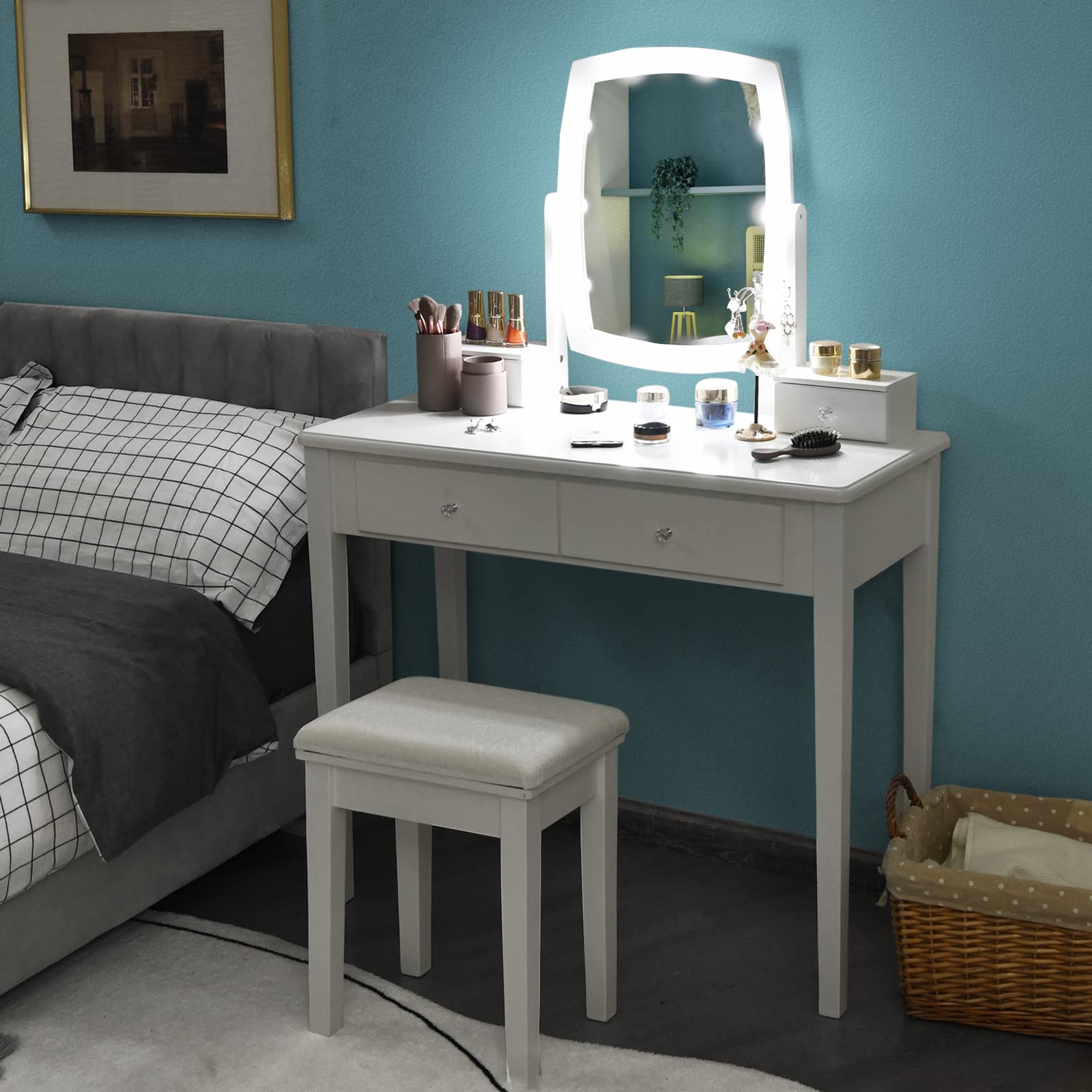Charmaid Girls Makeup Vanity Desk with LED Mirror Lights - 10 Bulbs, 3 Lighting Modes, 4 Storage Drawers & Stool - Modern Dressing Table for Bedroom, Teen Room & Beauty Salon (White)